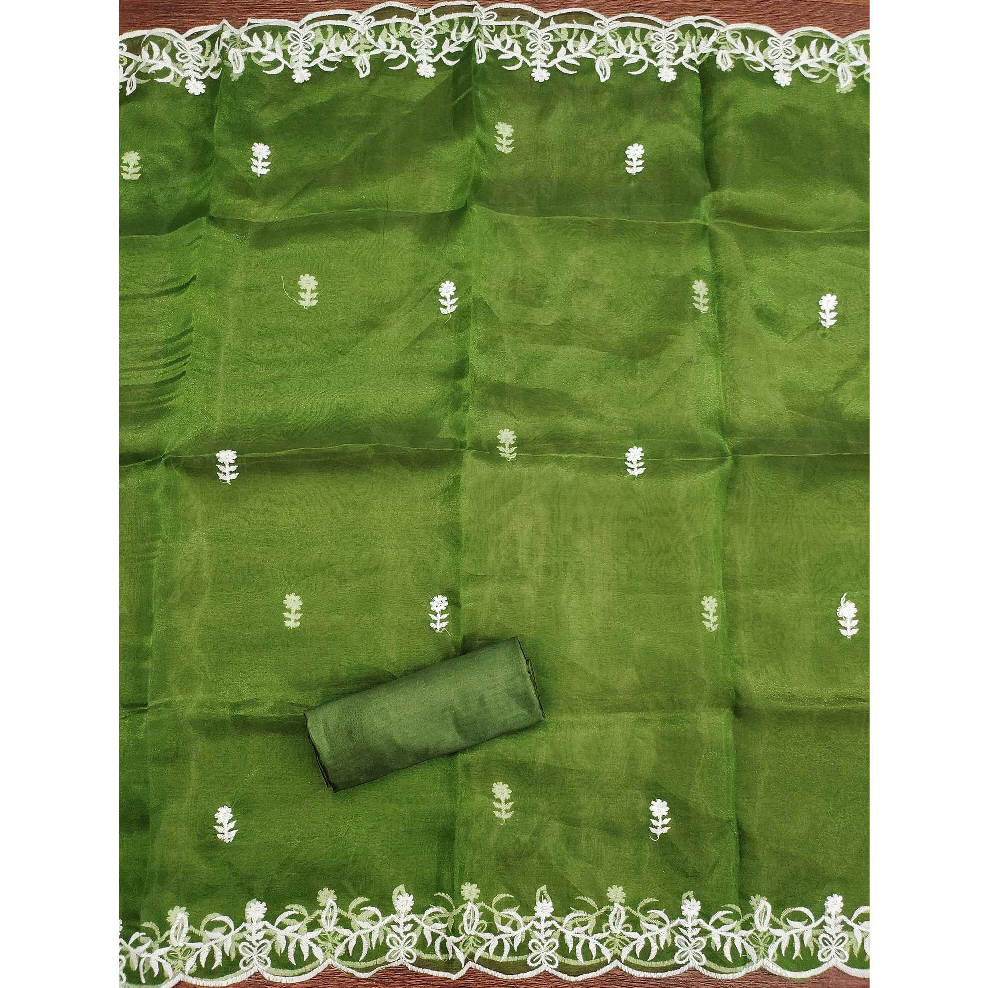 Lightweight Green Organza Unstitched Suit Material with Intricate Floral Work