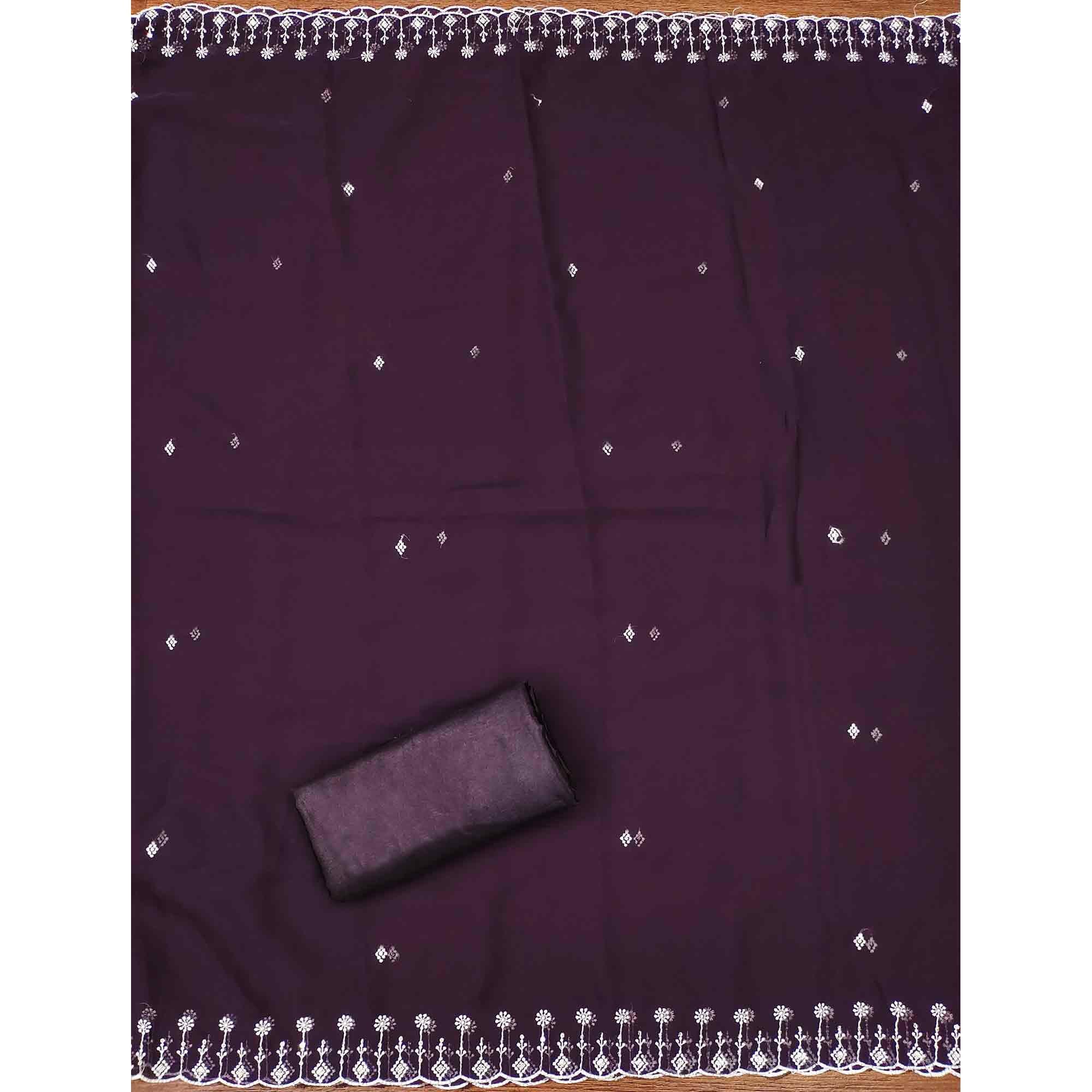 Purple Star Georgette Suit Fabric Highlighted with Fine Thread Embroidery Work