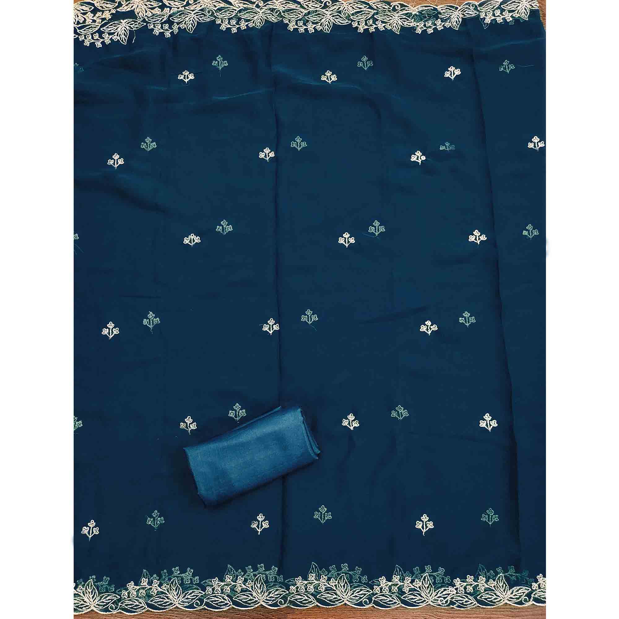 Teal Star Georgette Unstitched Dress Material with Intricate Embroidery Work