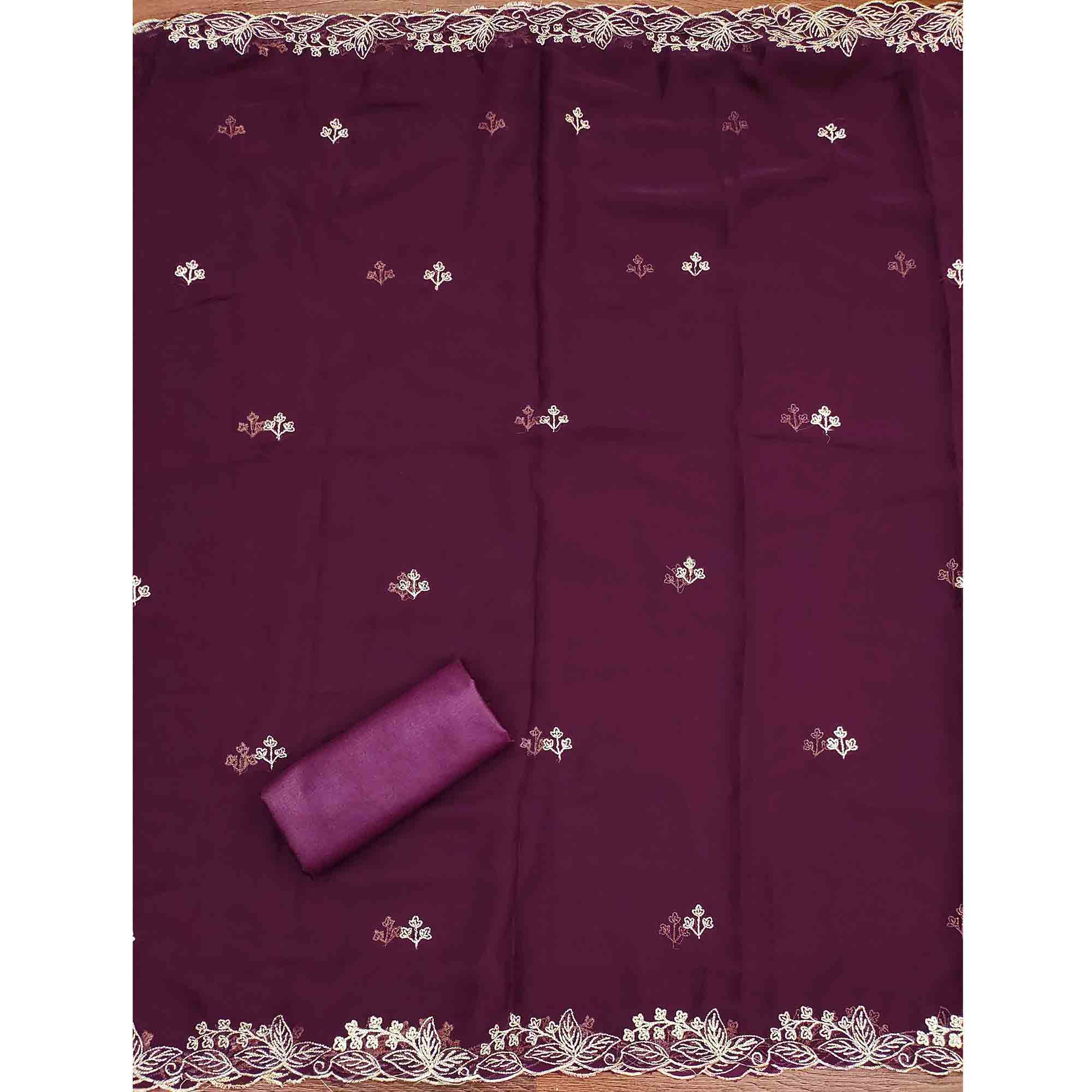 Wine Star Georgette Unstitched Dress Material with Intricate Embroidery Work