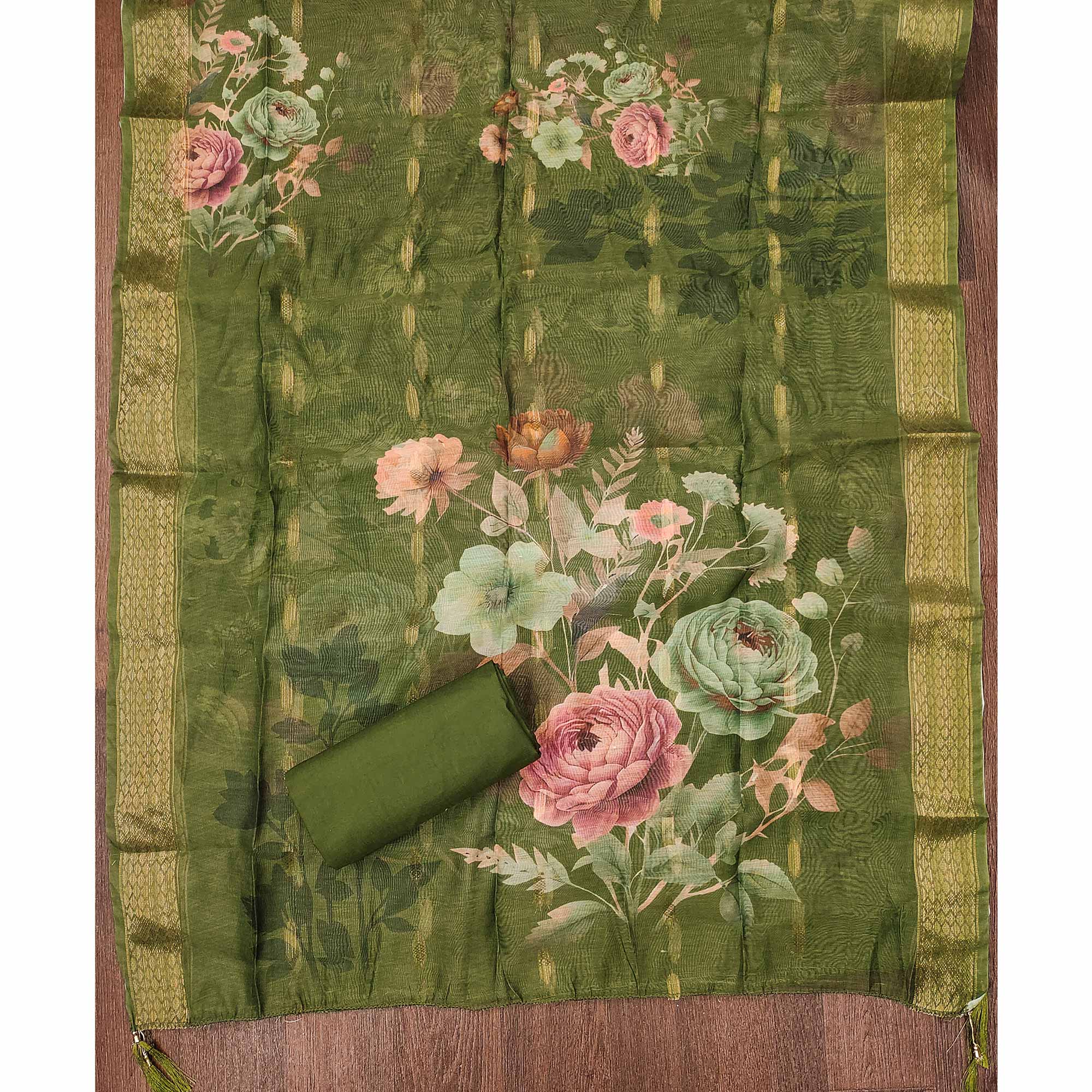 Soft Green Cotton Blend Unstitched Suit Material with Delicate Floral Embroidery