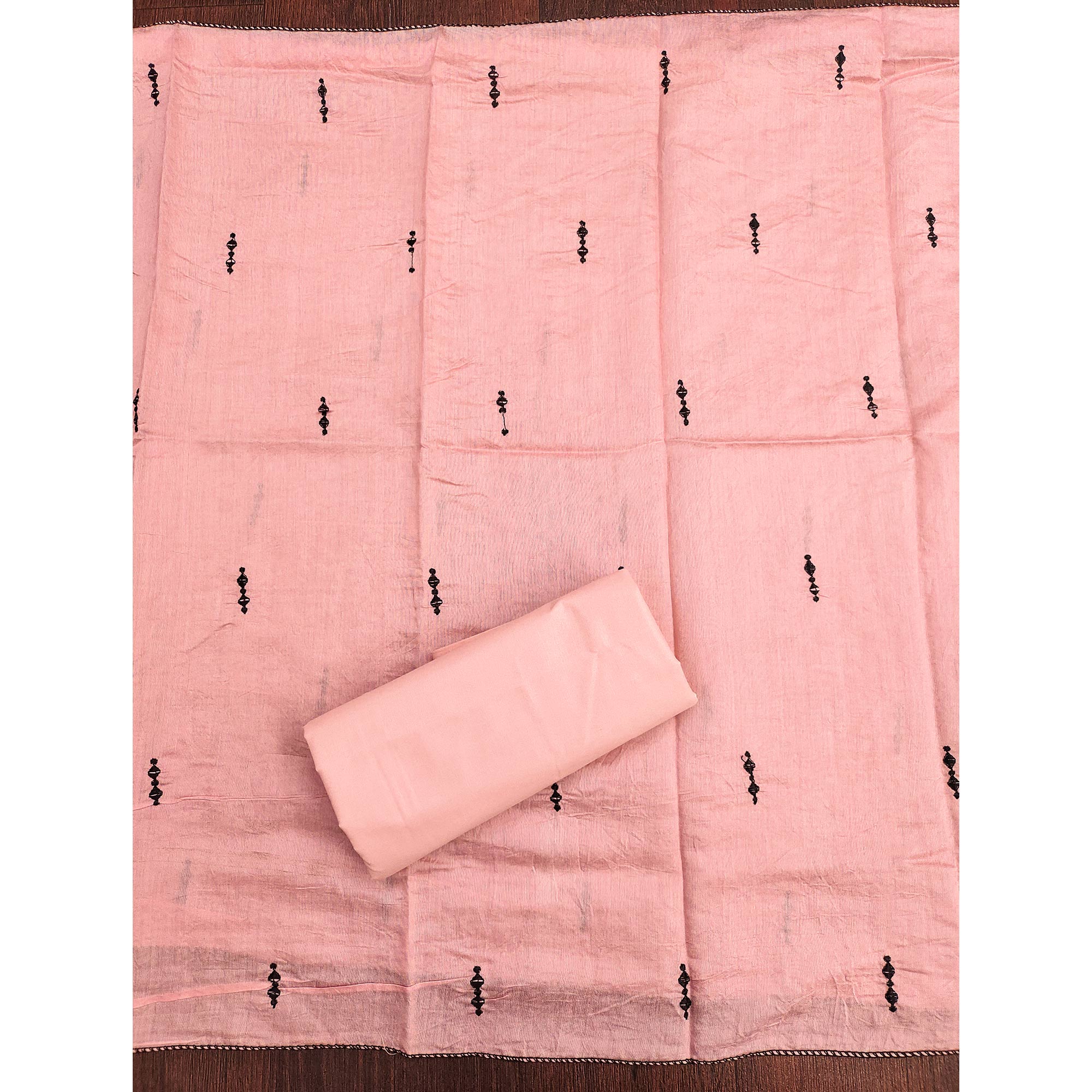 Elegant Peach Cotton Blend Dress Material with Delicate Thread Embroidered Detailing