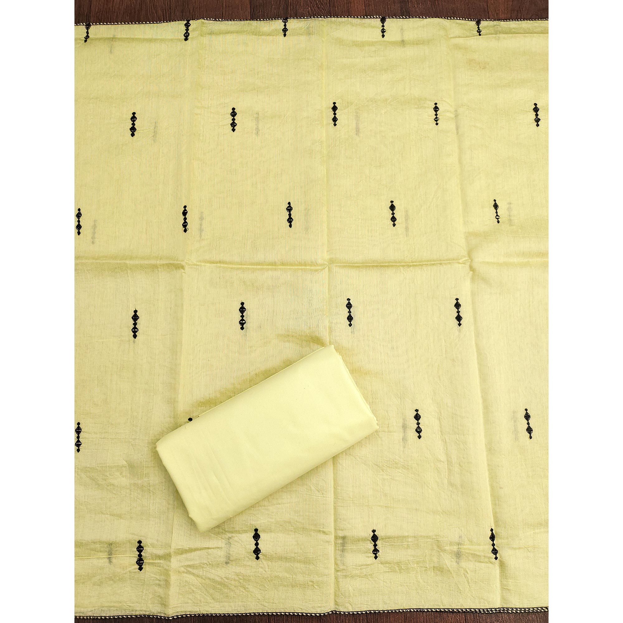 Elegant Yellow Cotton Blend Dress Material with Delicate Thread Embroidered Detailing