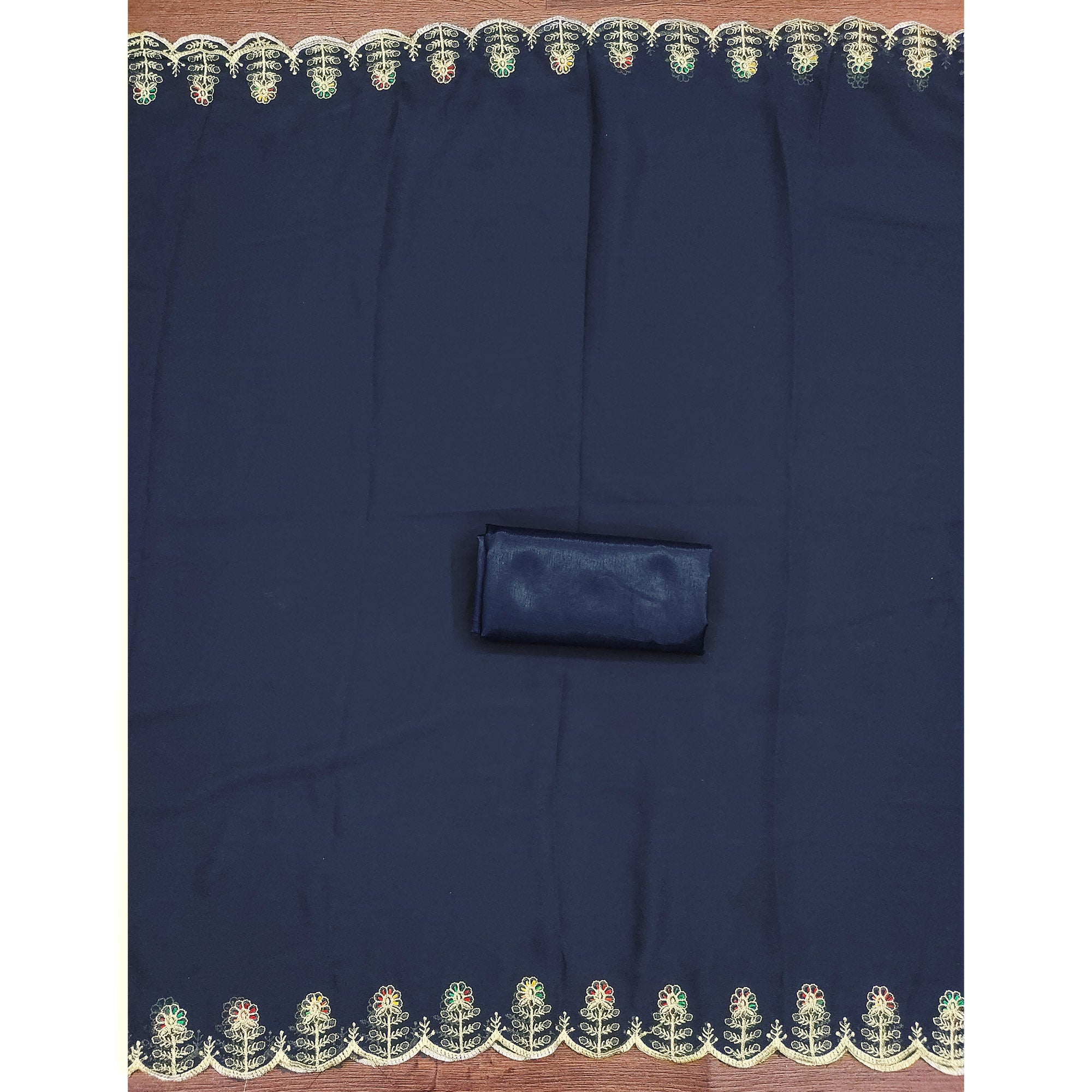 Blue Georgette Dress Material Adorned With Elegant Floral Embroidery & Shimmering Swarovski Work