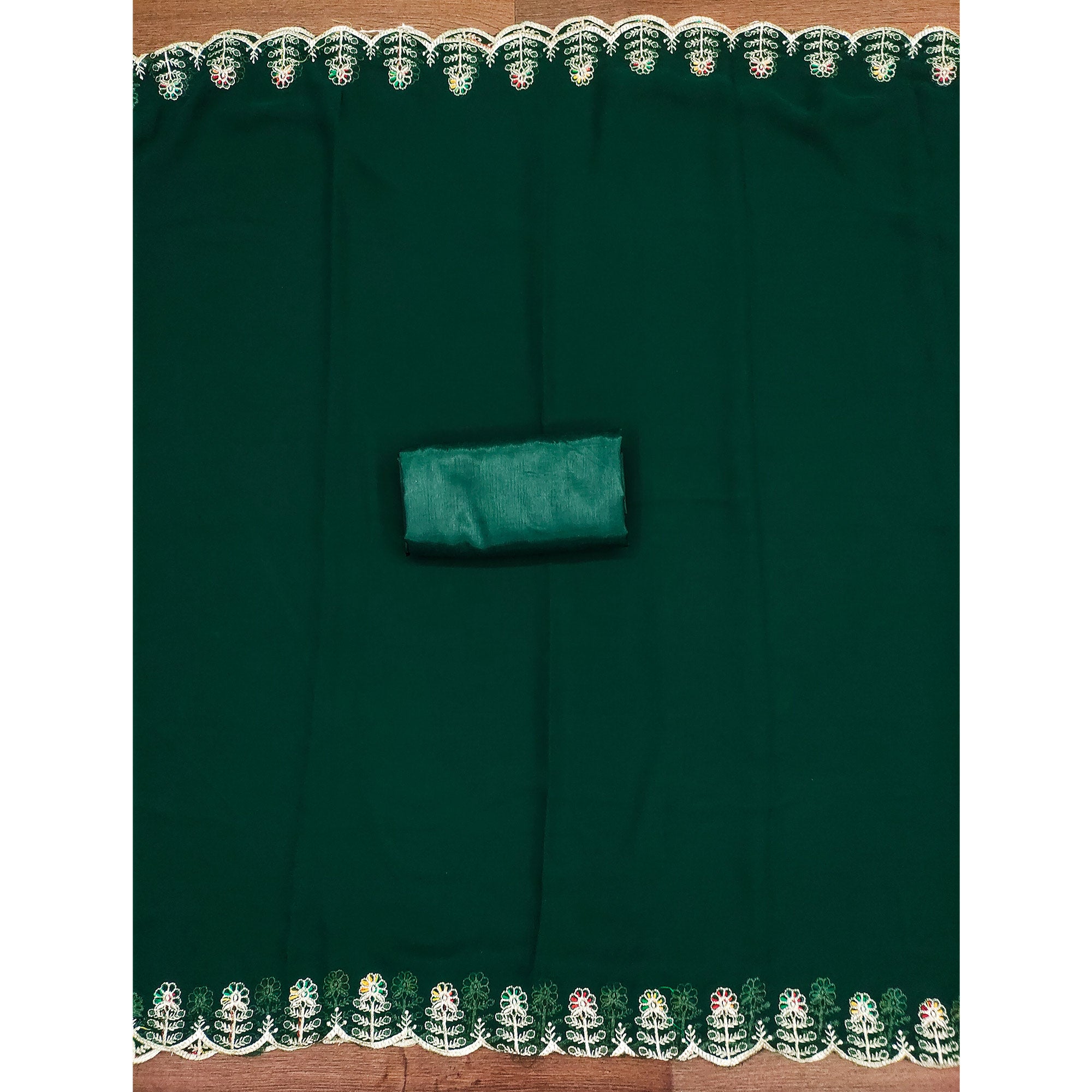 Green Georgette Dress Material Adorned With Elegant Floral Embroidery & Shimmering Swarovski Work