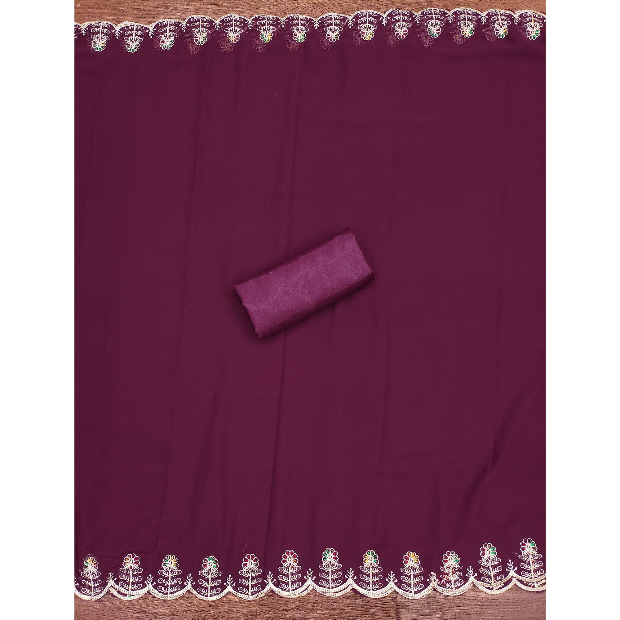 Wine Georgette Dress Material Adorned With Elegant Floral Embroidery & Shimmering Swarovski Work