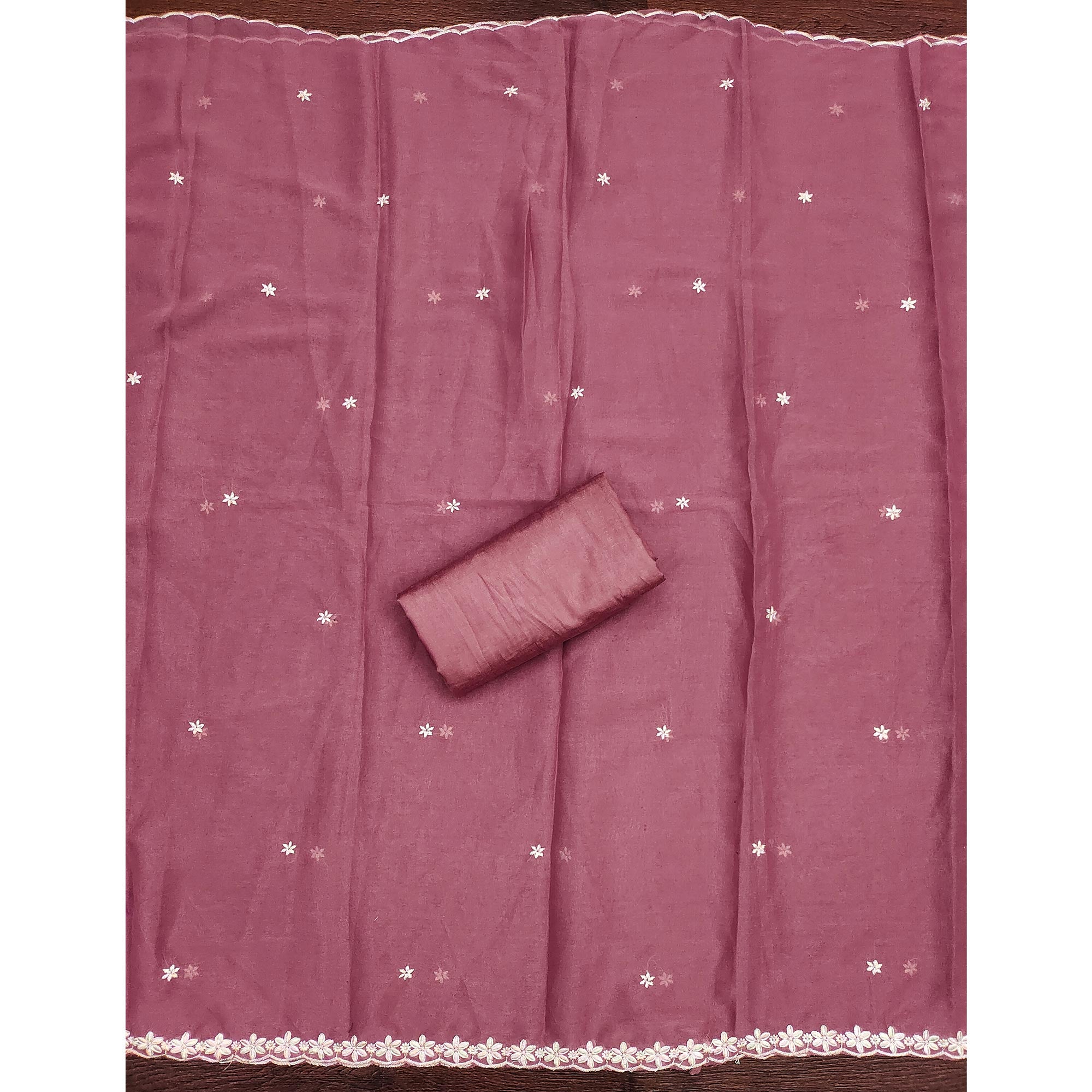 Chic Dusty Pink Floral Thread Embroidered Star Georgette Unstitched Suit Fabric