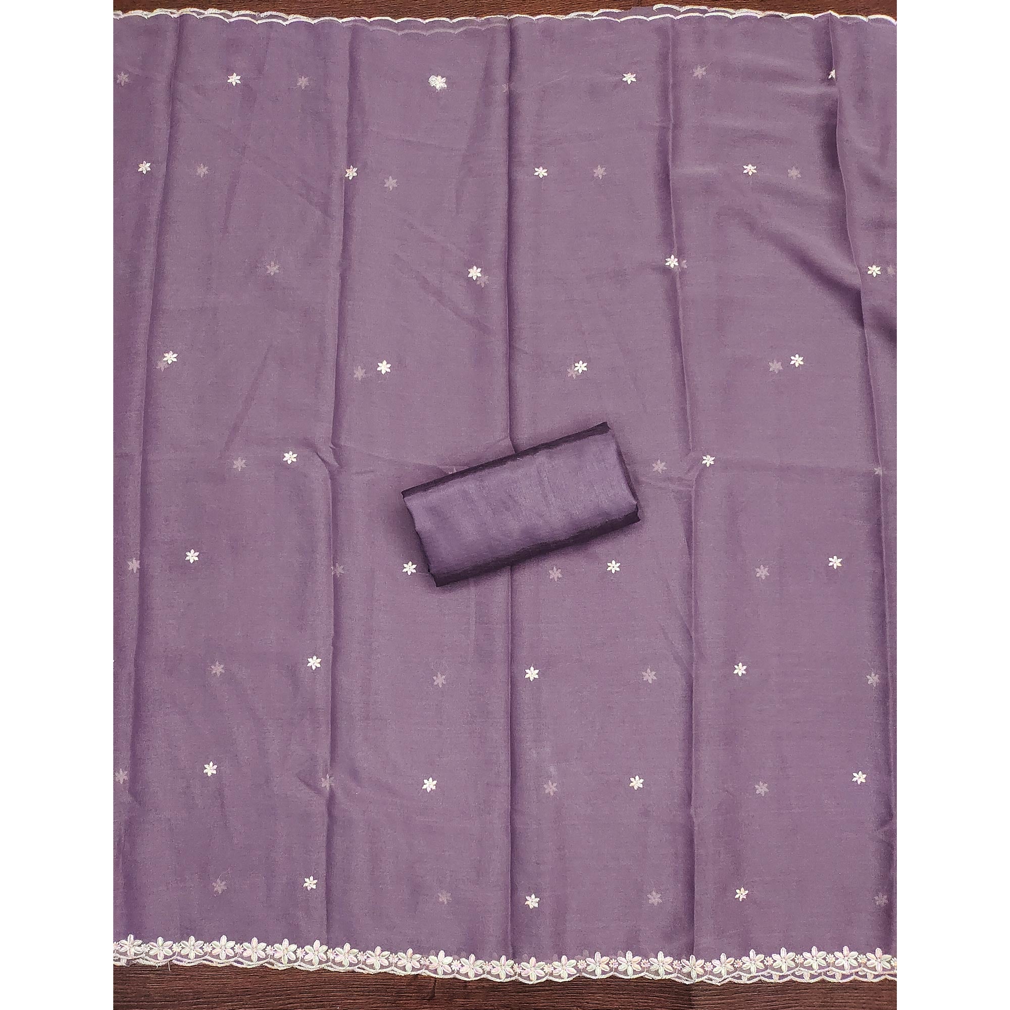 Chic Lavender Floral Thread Embroidered Star Georgette Unstitched Suit Fabric