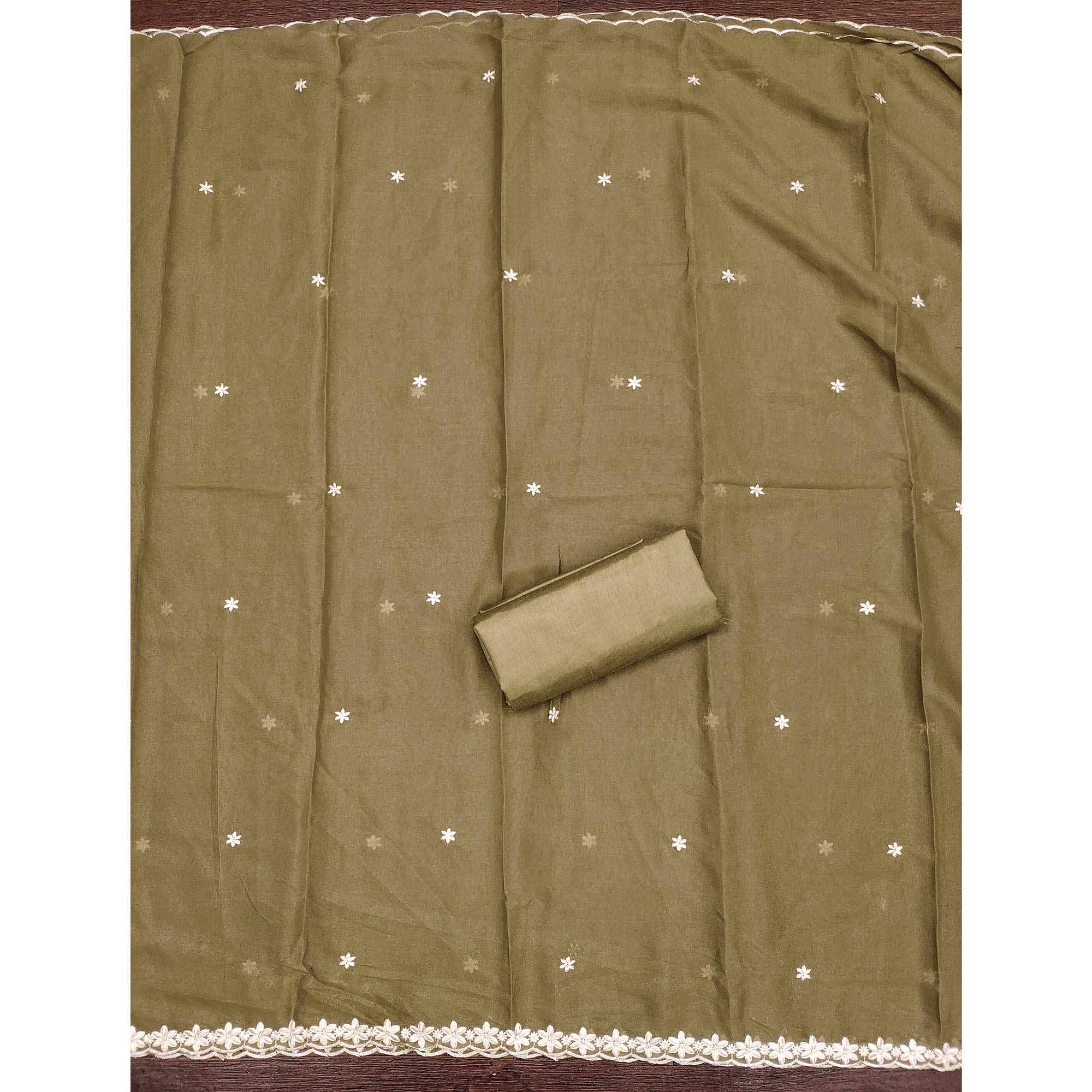 Chic Olive Floral Thread Embroidered Star Georgette Unstitched Suit Fabric