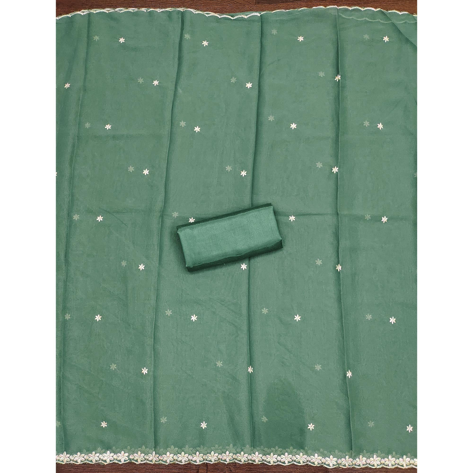 Chic Sea Green Floral Thread Embroidered Star Georgette Unstitched Suit Fabric