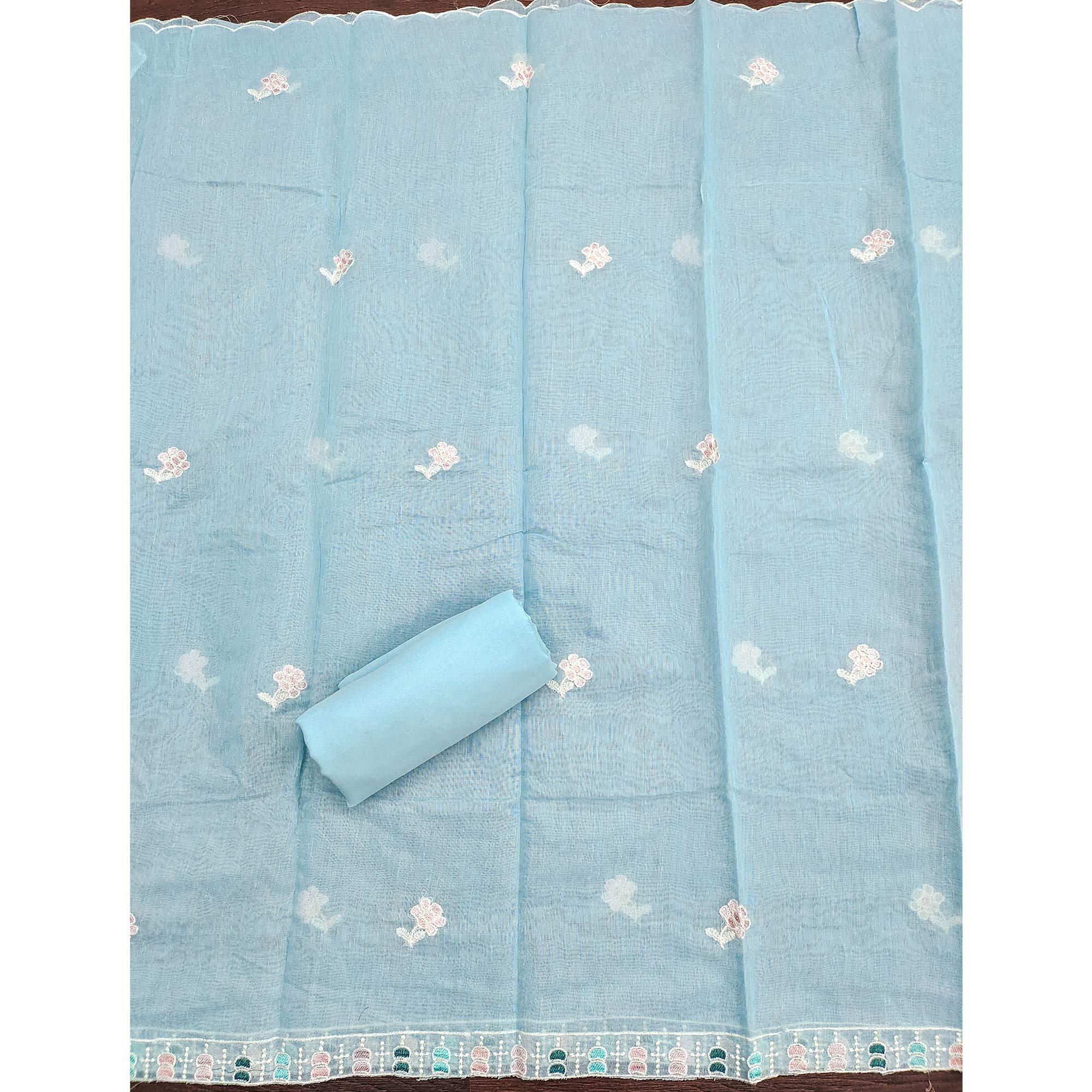 Sky Blue Unstitched Suit Material in Premium Floral Thread Embroidered Chanderi Silk