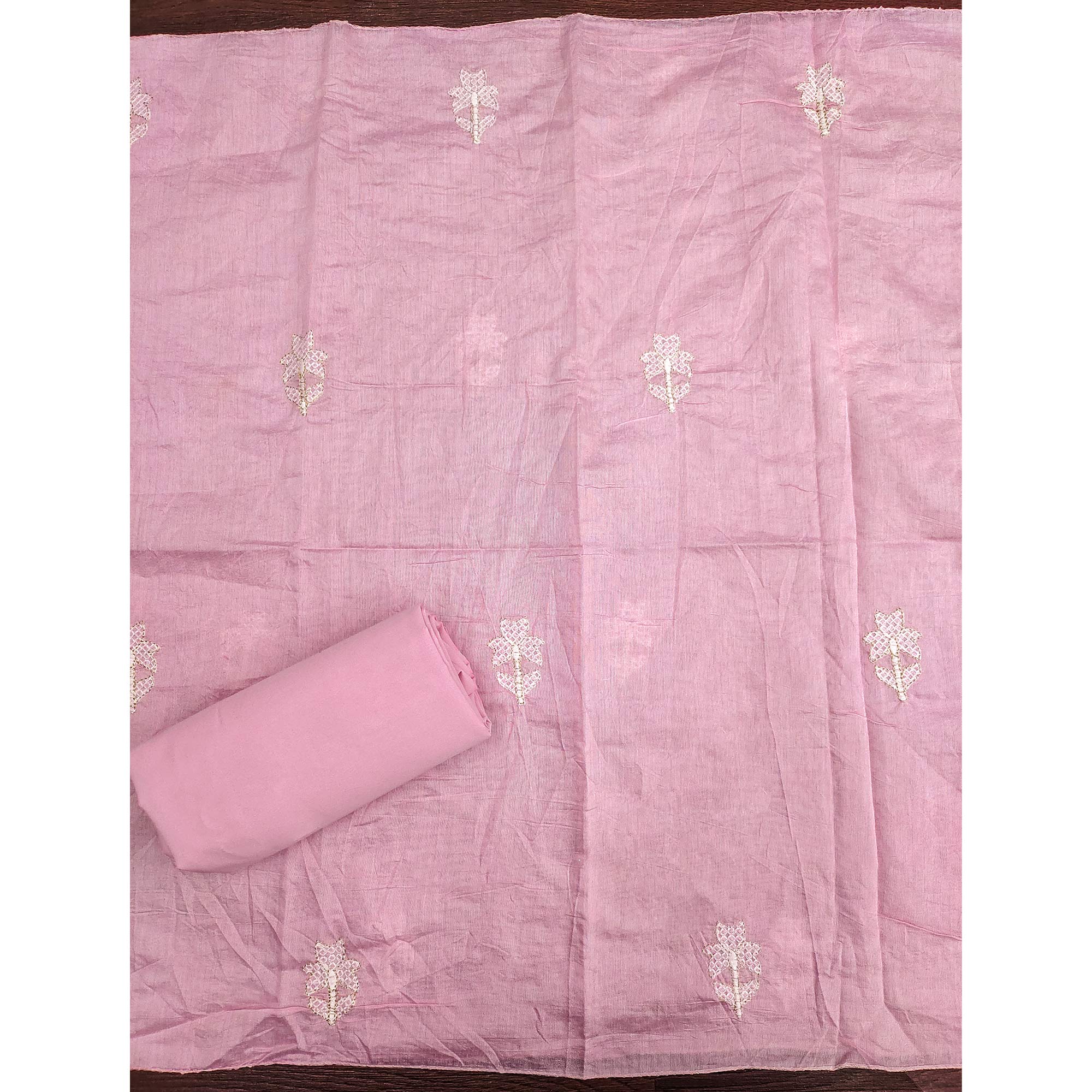 Feminine Pink Floral Thread Work Chanderi Silk Fabric for Traditional & Festive Outfits