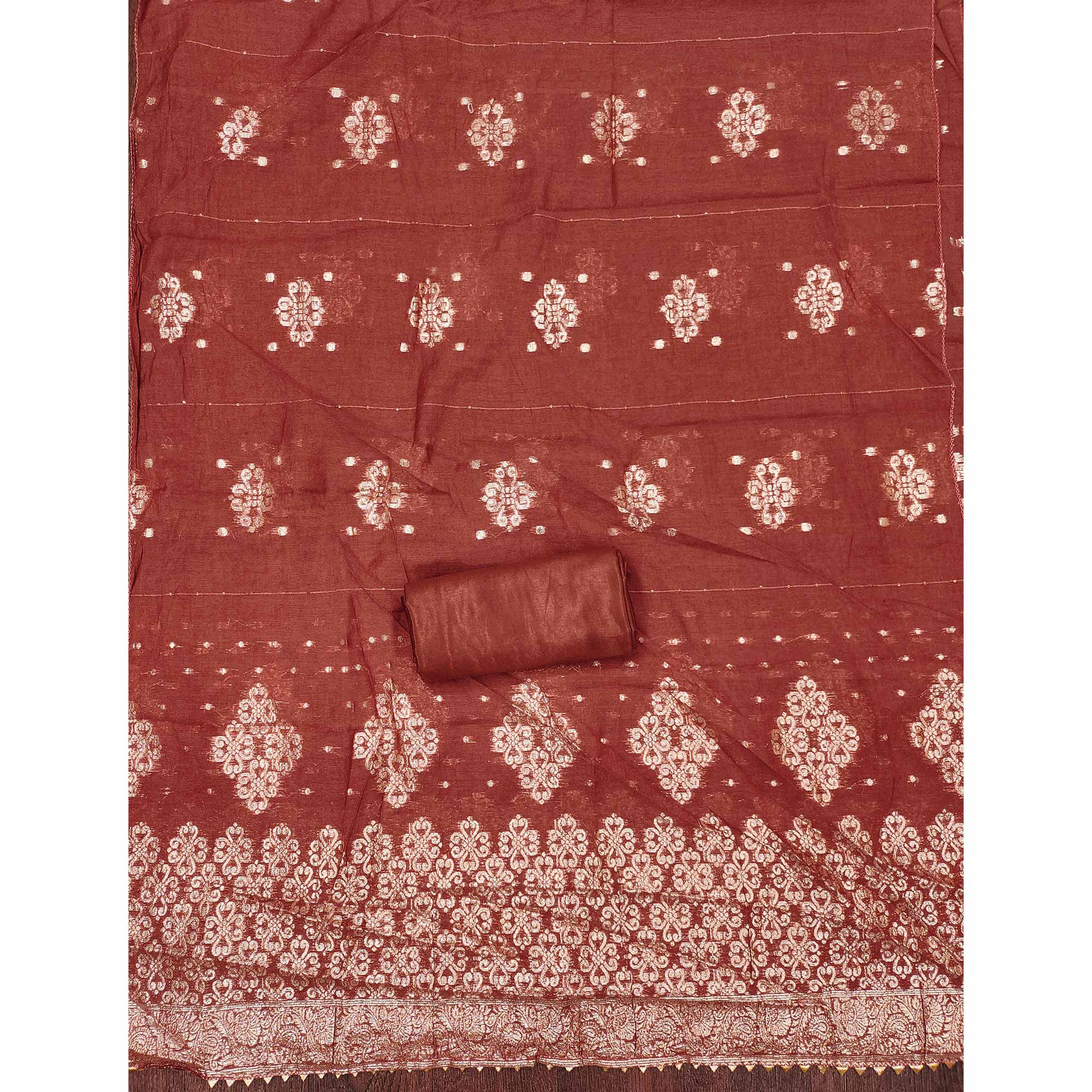 Rust Embroidered Shimmer Fabric with Beautiful Zari Work for Unstitched Suits