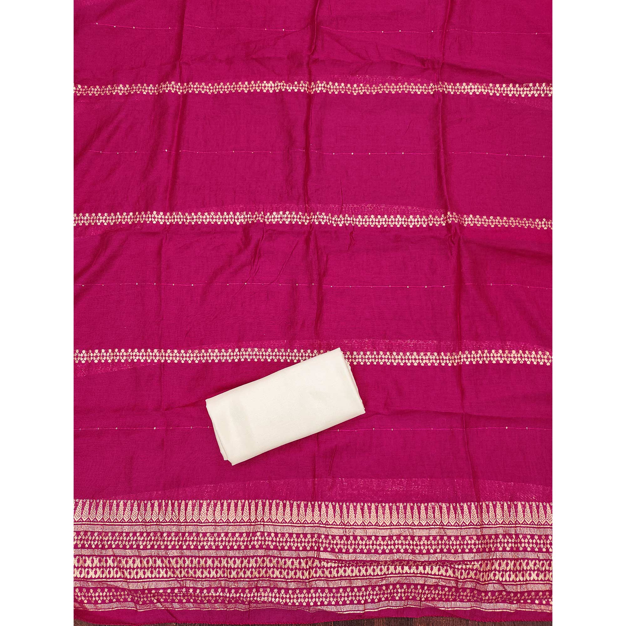 Off-White & Pink Chanderi Silk Unstitched Dress Material with Zari Weaving and Embroidery