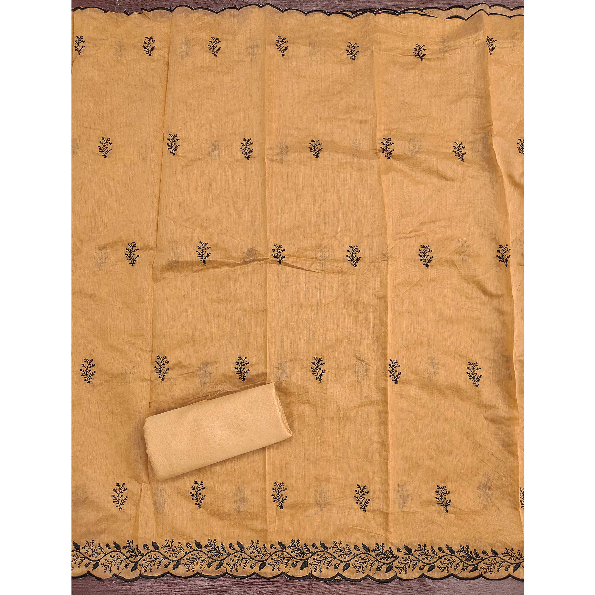 Chikoo Chanderi Cotton Dress Material Accented With Delicate Floral Thread Work