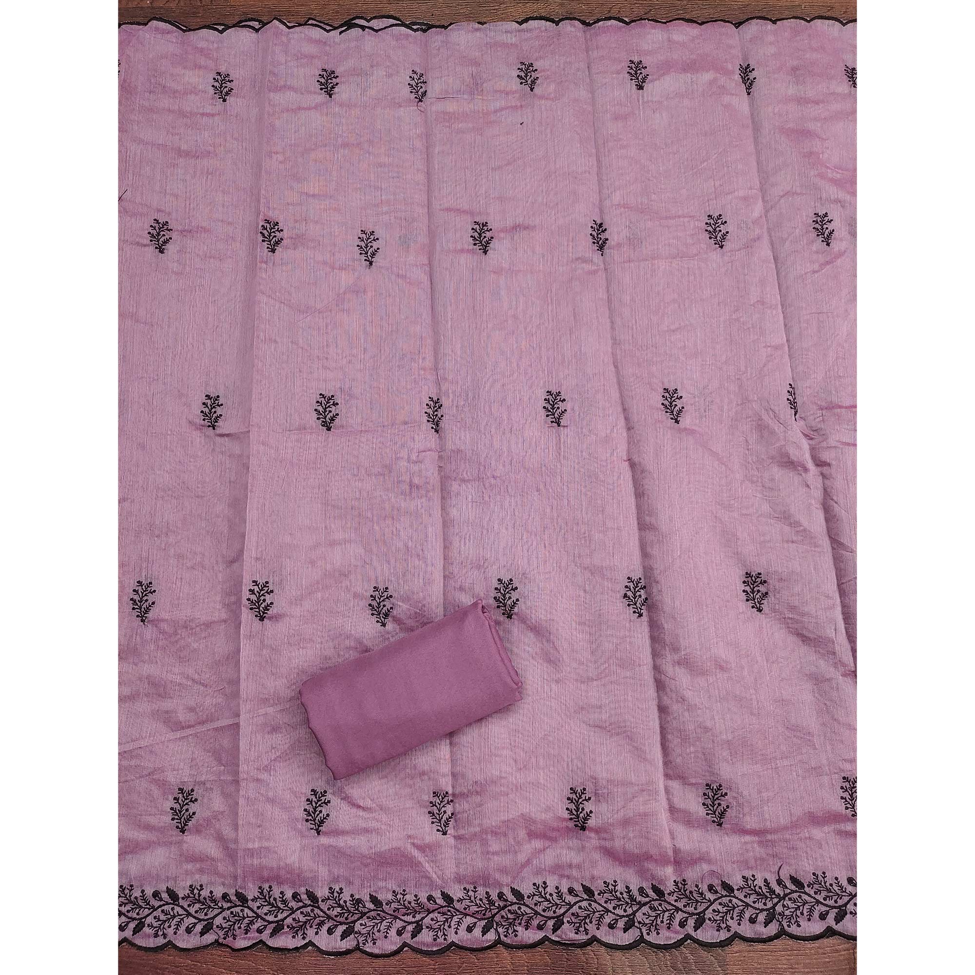 Lavender Chanderi Cotton Dress Material Accented With Delicate Floral Thread Work