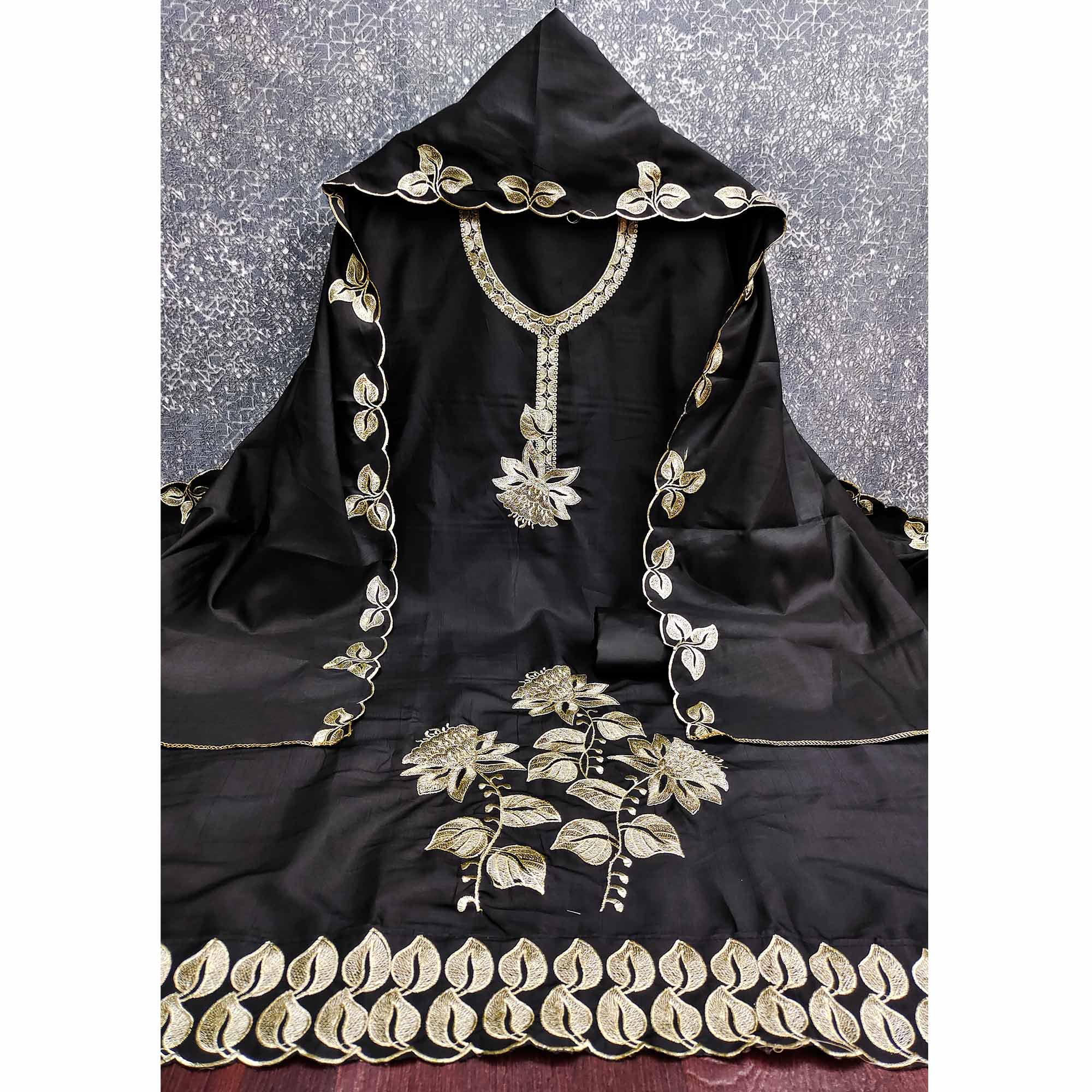 Classic Black Heavy Embroidered Cotton Blend Dress Material With Floral Thread Detailing
