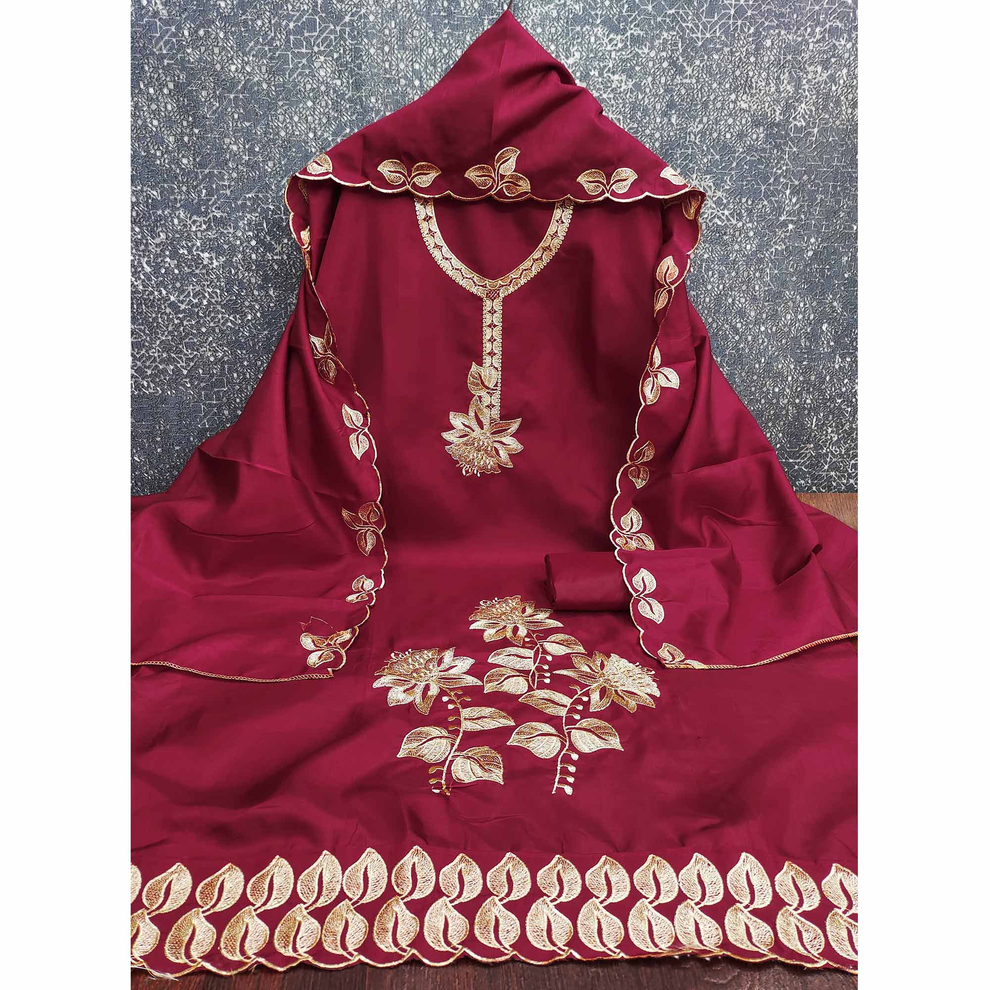 Classic Maroon Heavy Embroidered Cotton Blend Dress Material With Floral Thread Detailing