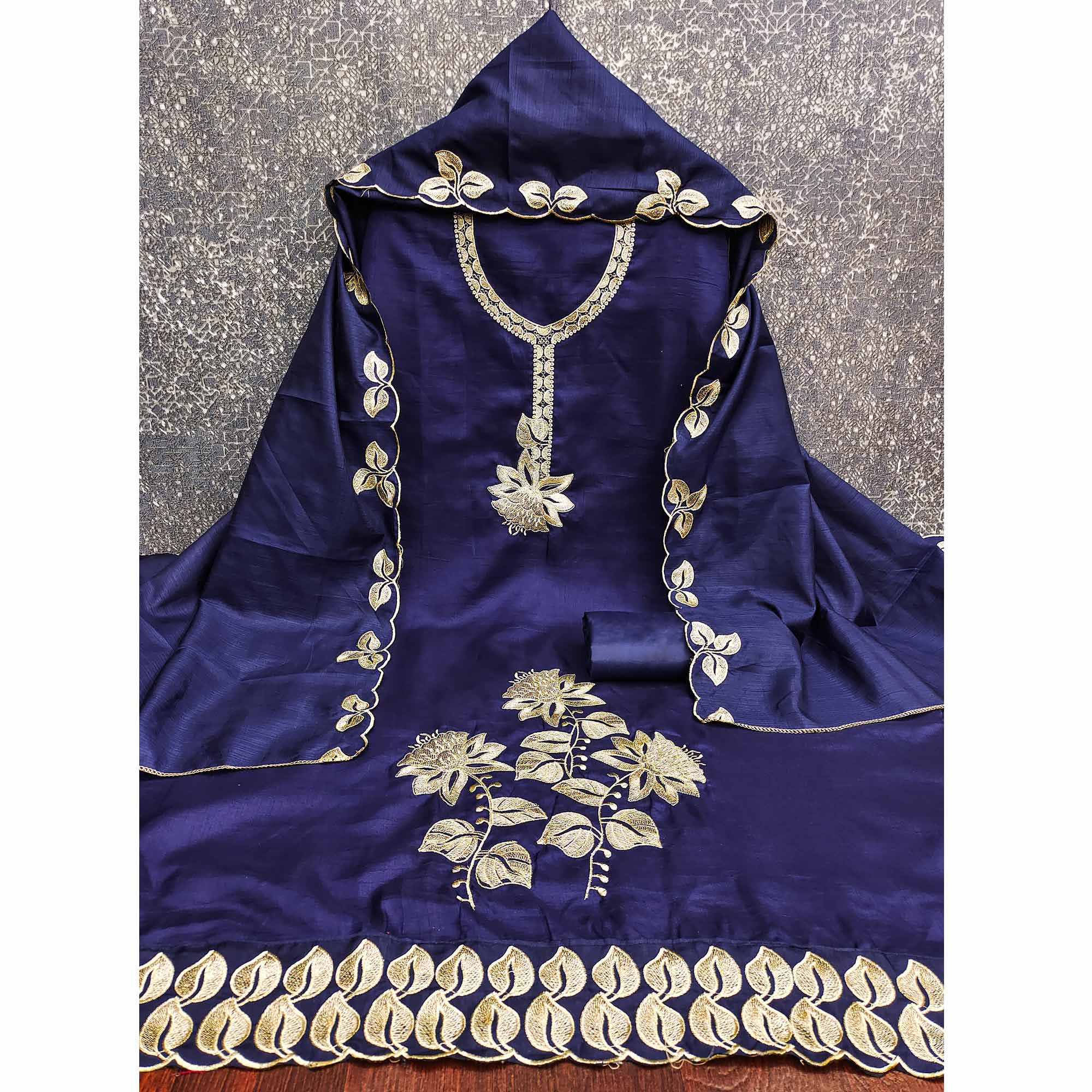 Classic Navy Blue Heavy Embroidered Cotton Blend Dress Material With Floral Thread Detailing