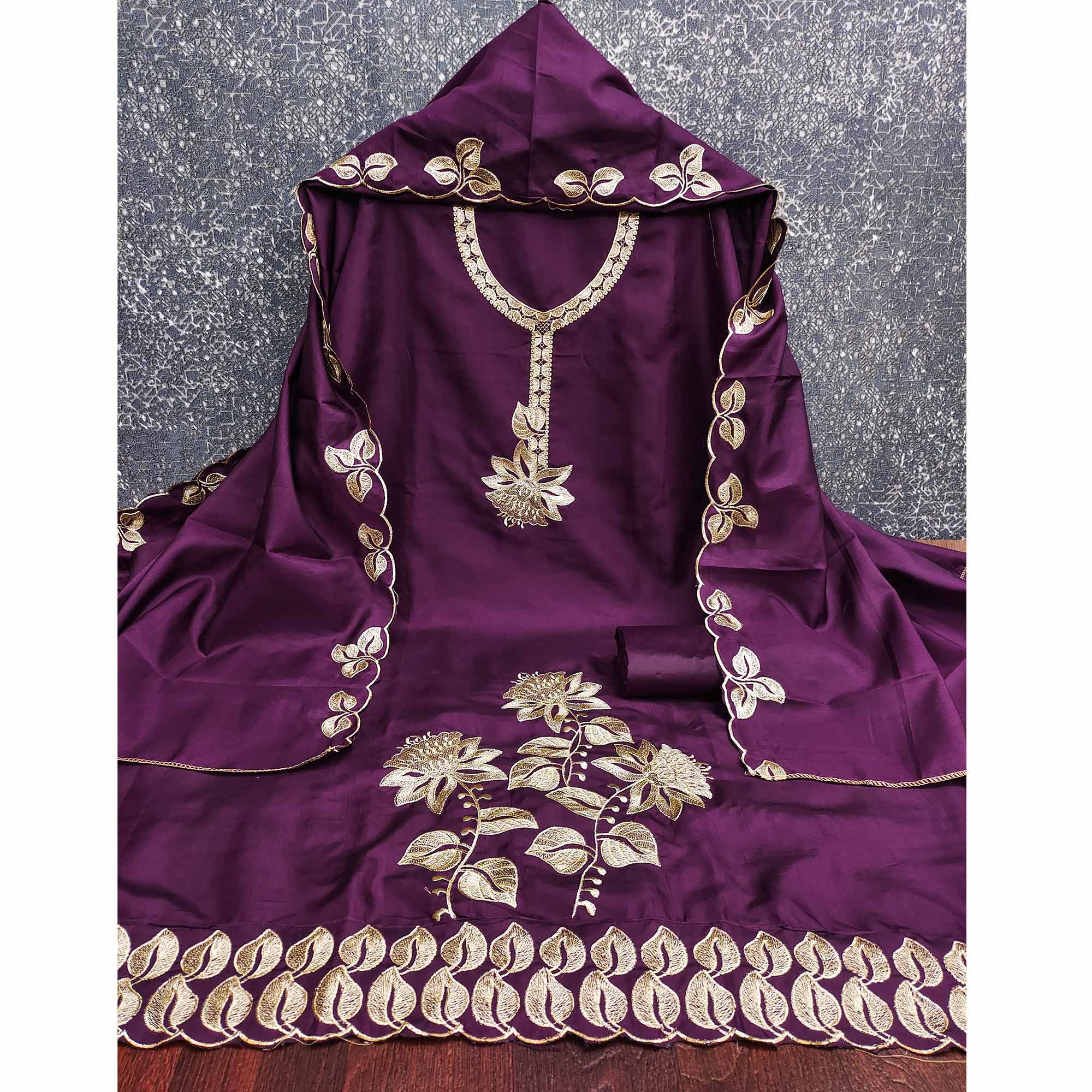 Classic Purple Heavy Embroidered Cotton Blend Dress Material With Floral Thread Detailing