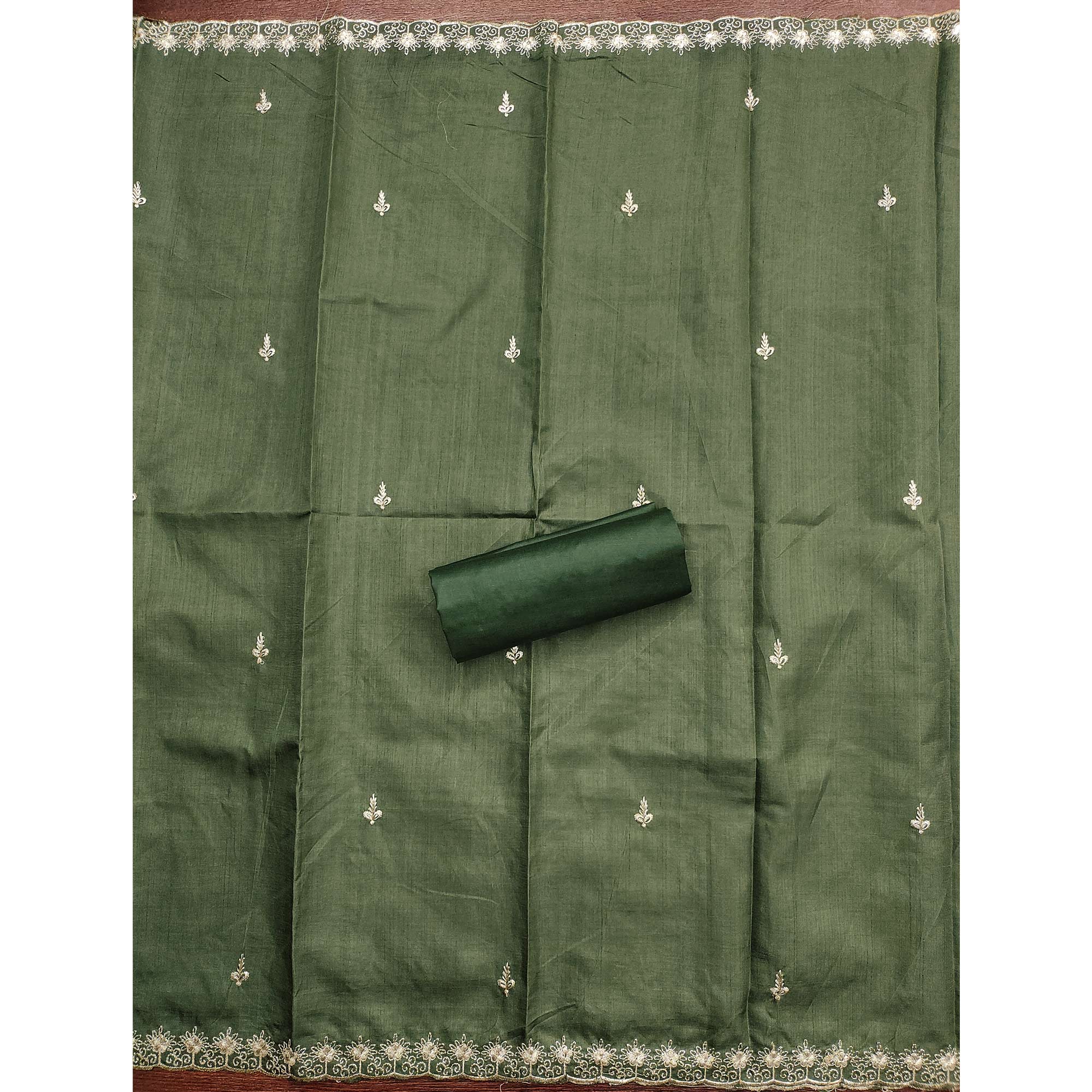 Green Dress Material In Cotton Blend Featuring Exquisite Floral Embroidery