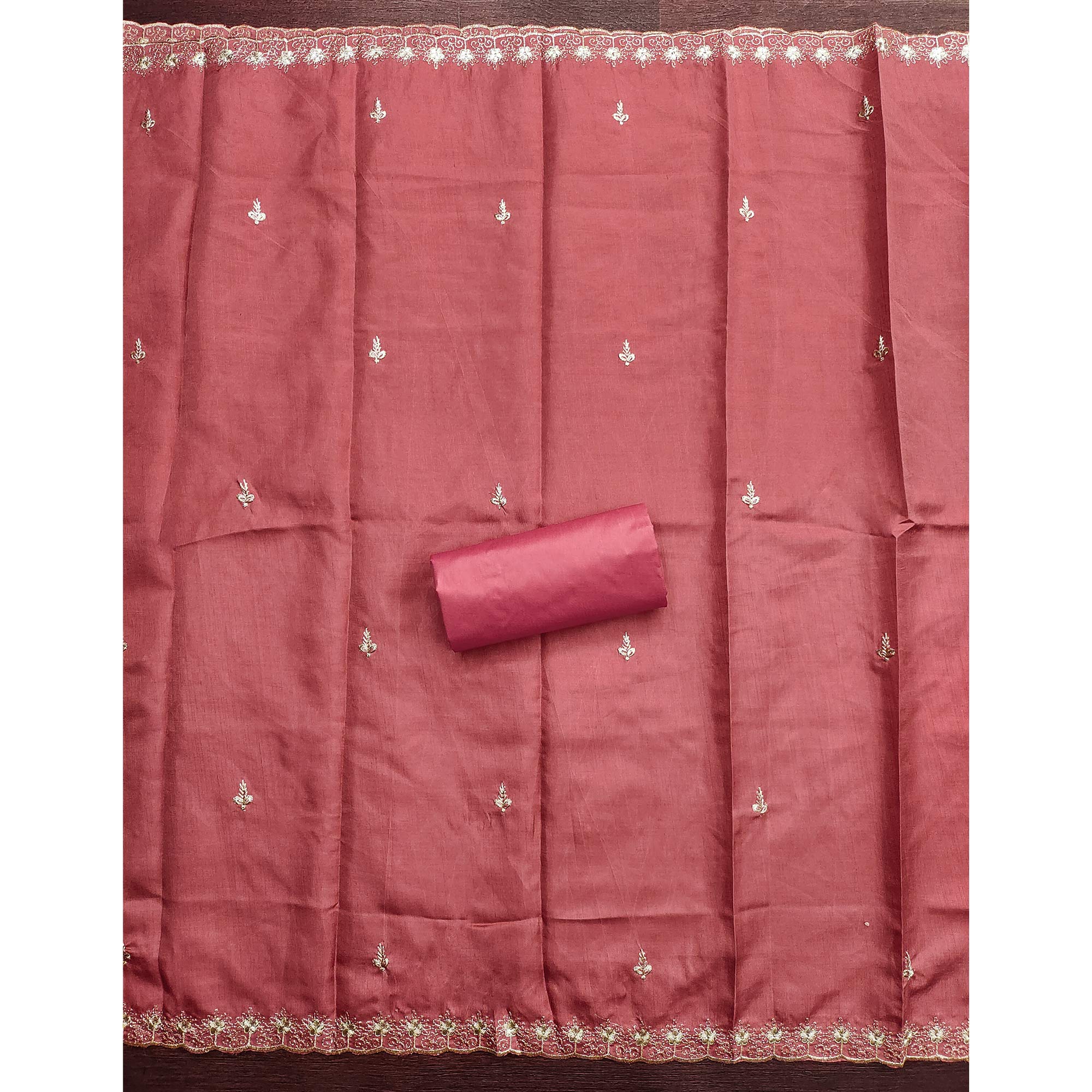 Pink Dress Material In Cotton Blend Featuring Exquisite Floral Embroidery