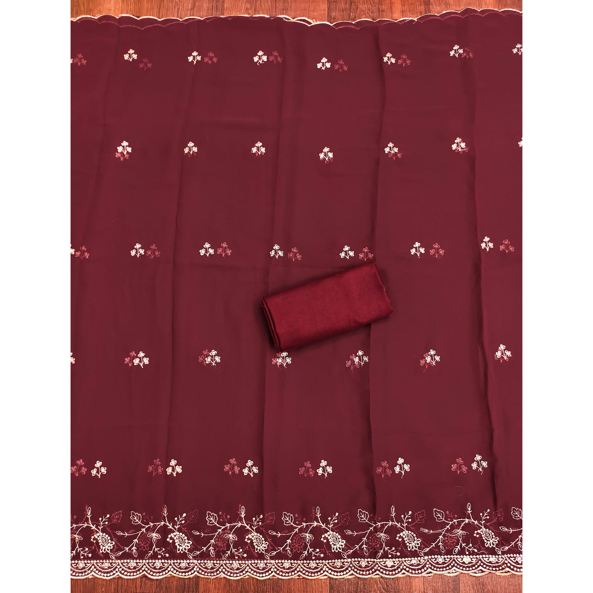 White & Maroon Georgette Dress Material Showcasing Elegant Floral Thread Embroidery Work
