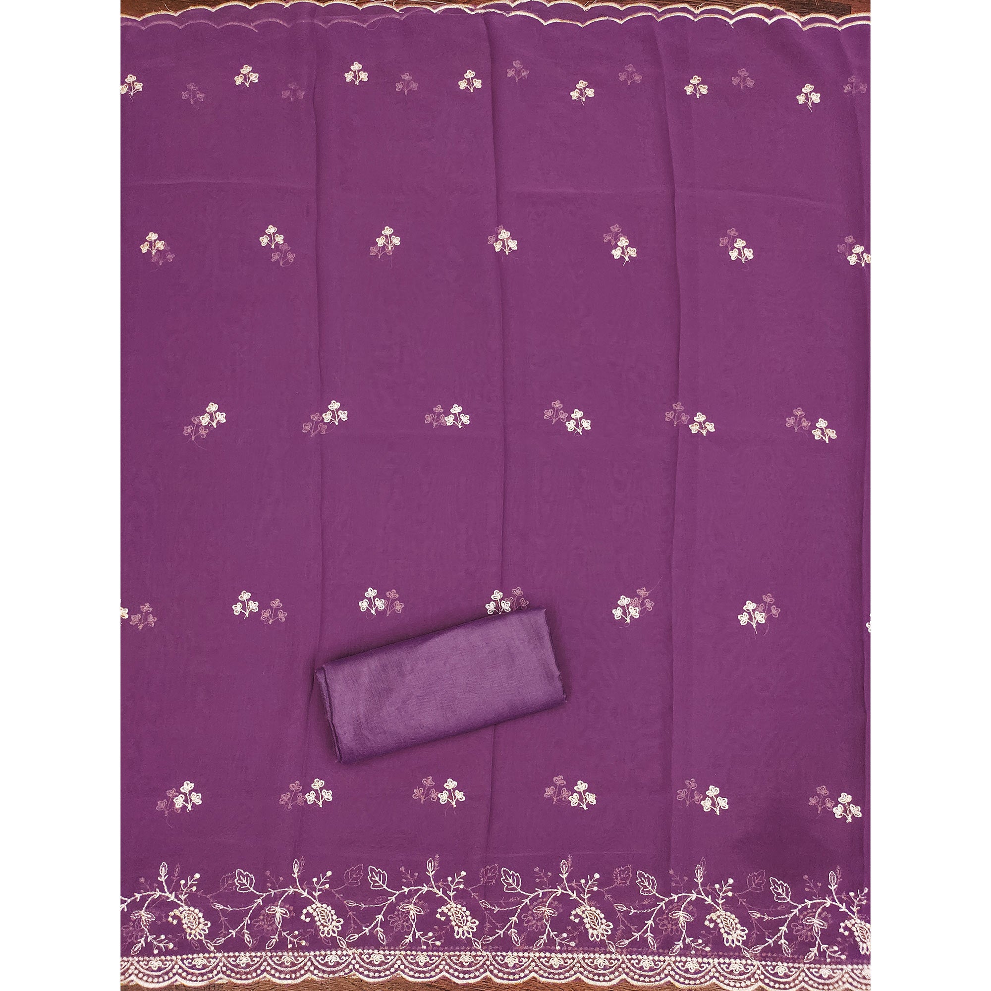 White & Purple Georgette Dress Material Showcasing Elegant Floral Thread Embroidery Work