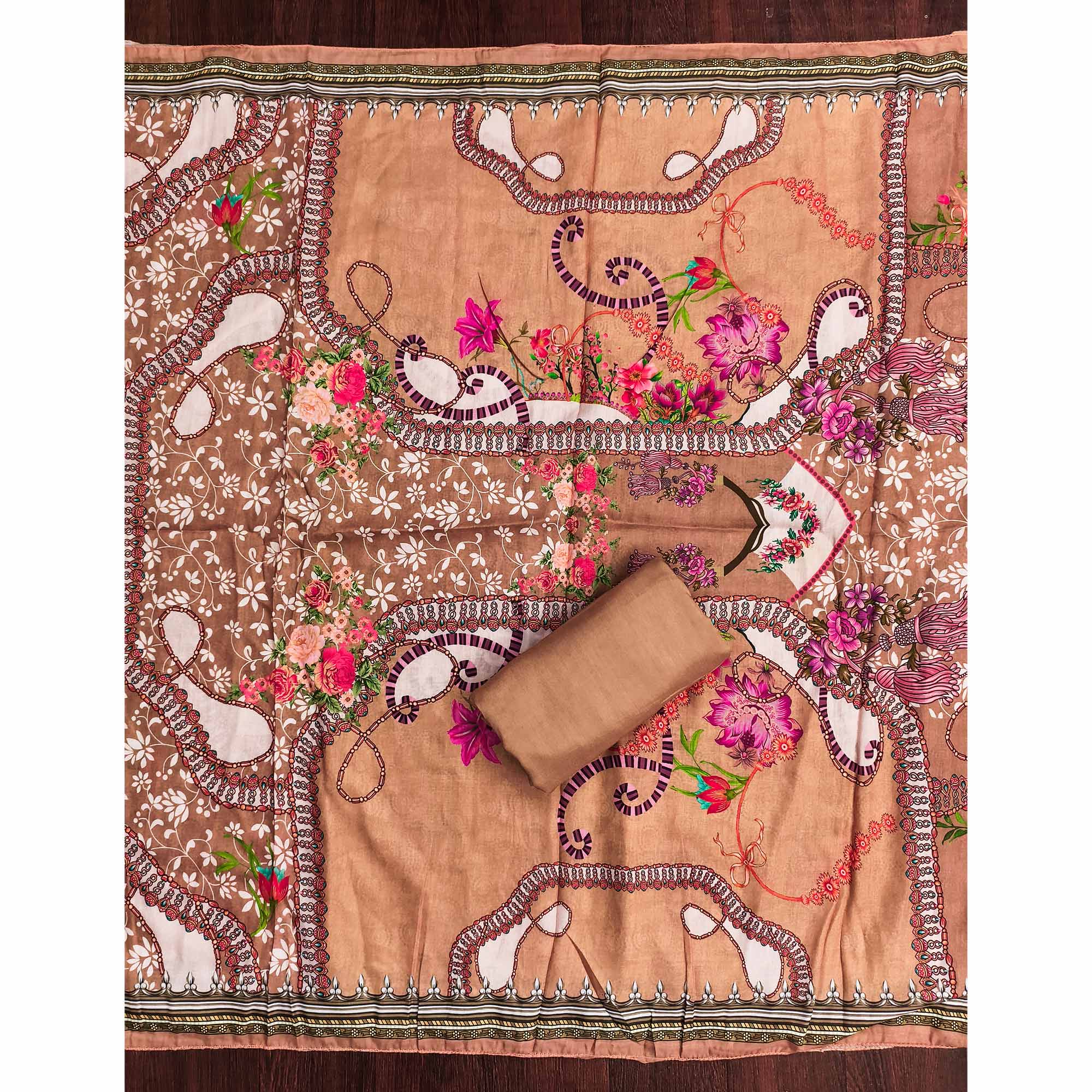 Dusty Orange Muslin Dress Material Featuring Elegant Floral Digital Print With Swarovski Work