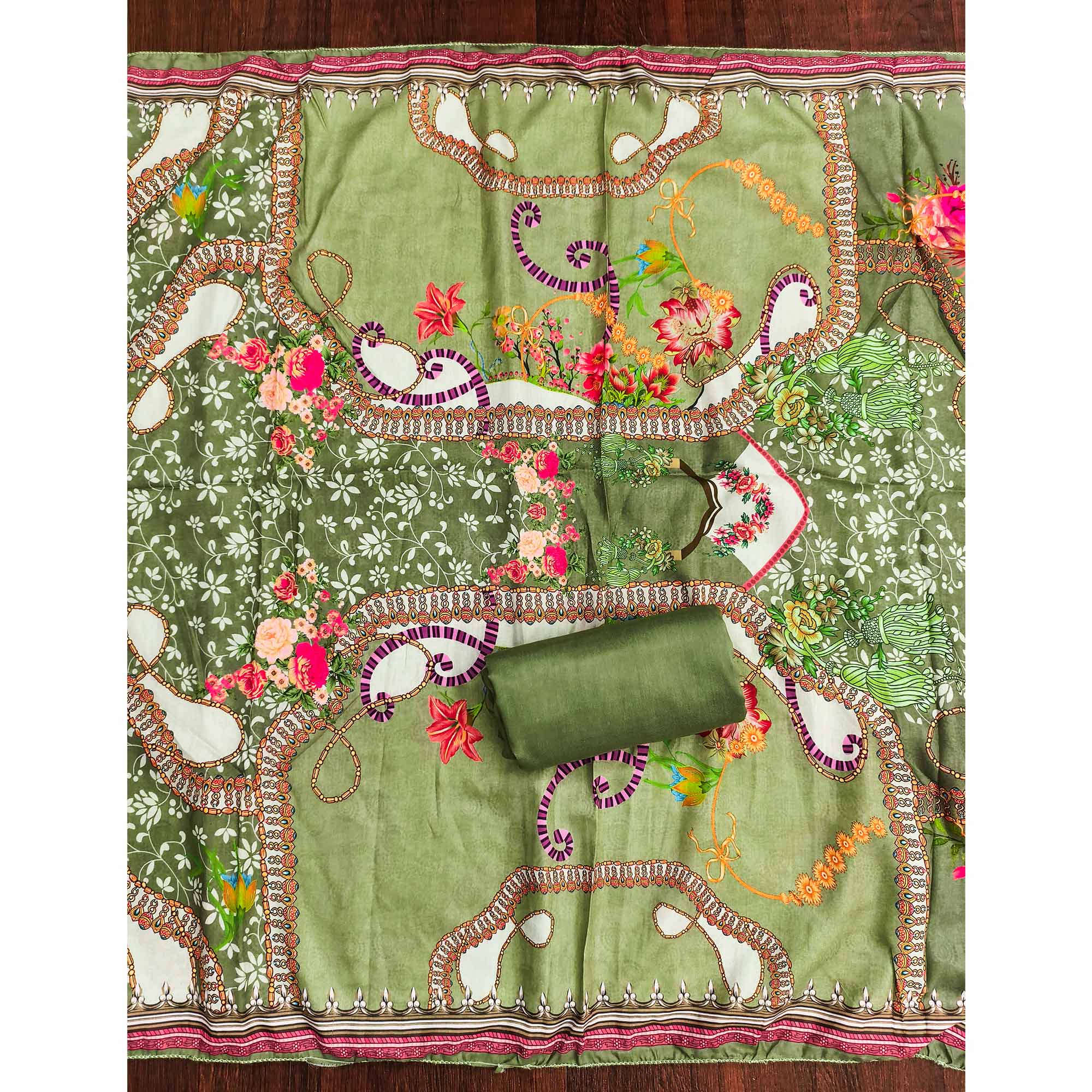 Green Muslin Dress Material Featuring Elegant Floral Digital Print Adorned With Swarovski Work