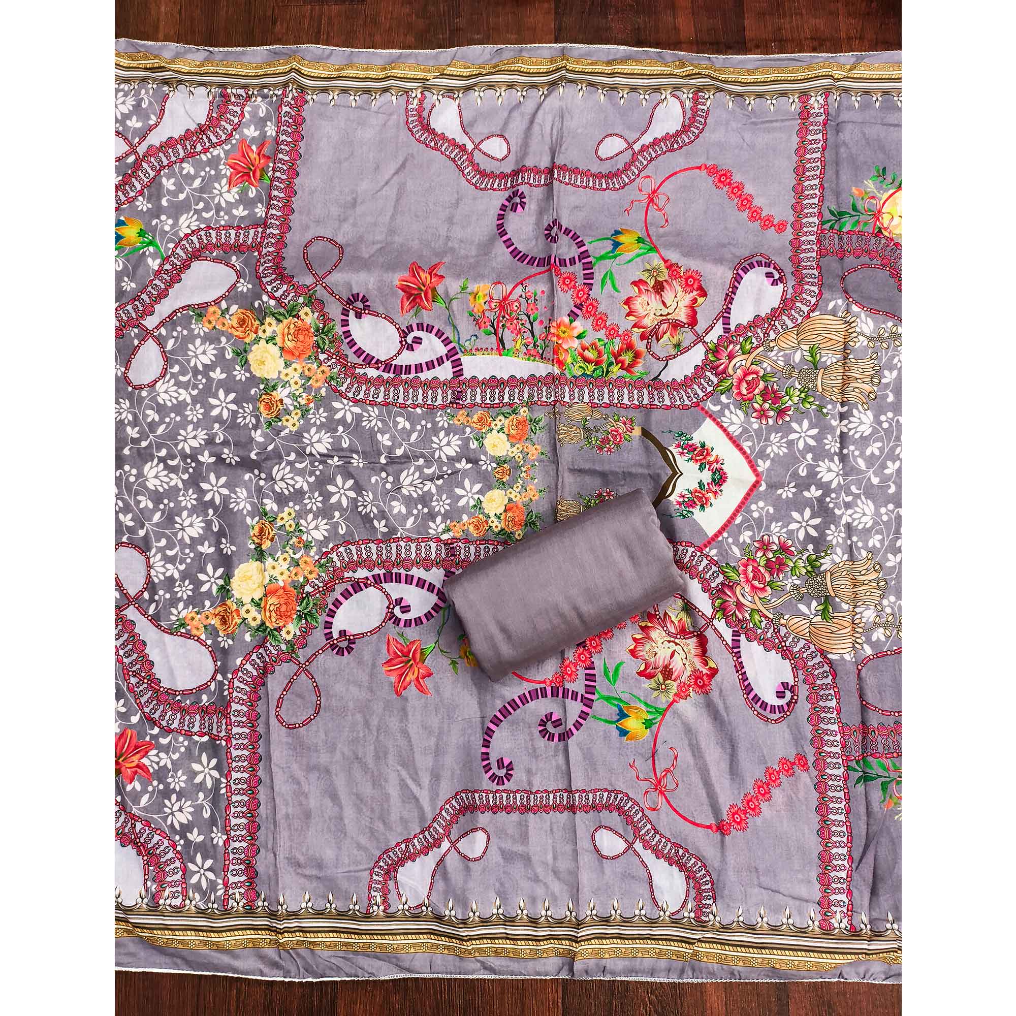 Grey Muslin Dress Material Featuring Elegant Floral Digital Print Adorned With Swarovski Work