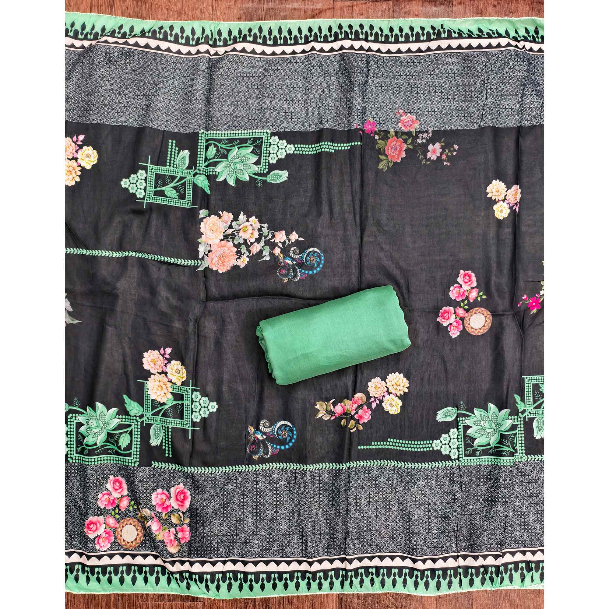 Charming Green Floral Digital Printed Muslin Dress Material With Subtle Swarovski Work