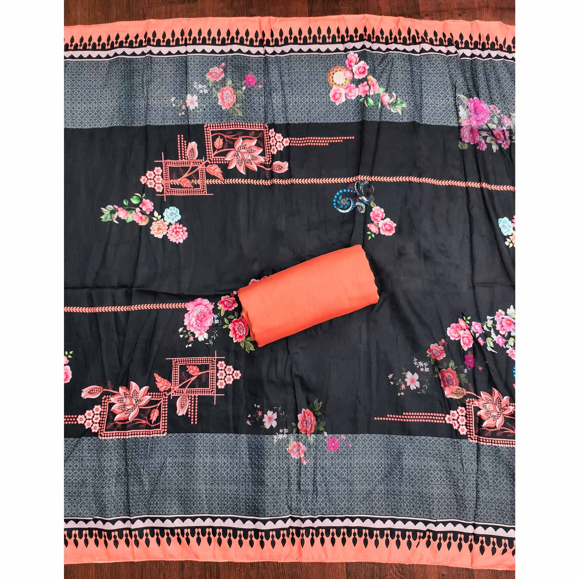 Charming Orange Floral Digital Printed Muslin Dress Material With Subtle Swarovski Work