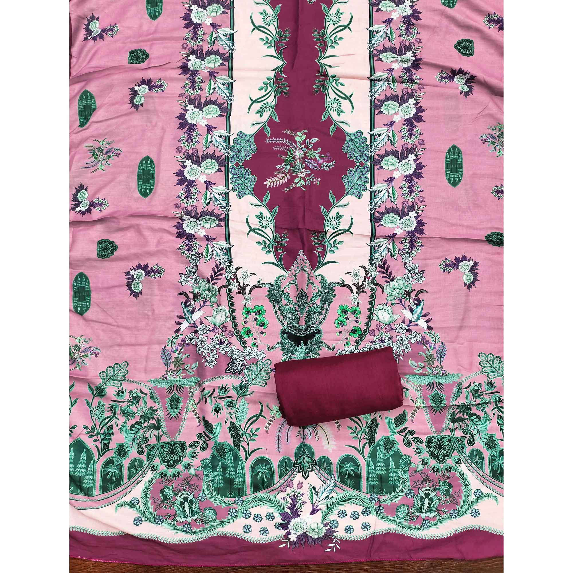 Pink Floral Digital Printed Muslin Dress Material Enhanced With Shimmering Swarovski Work