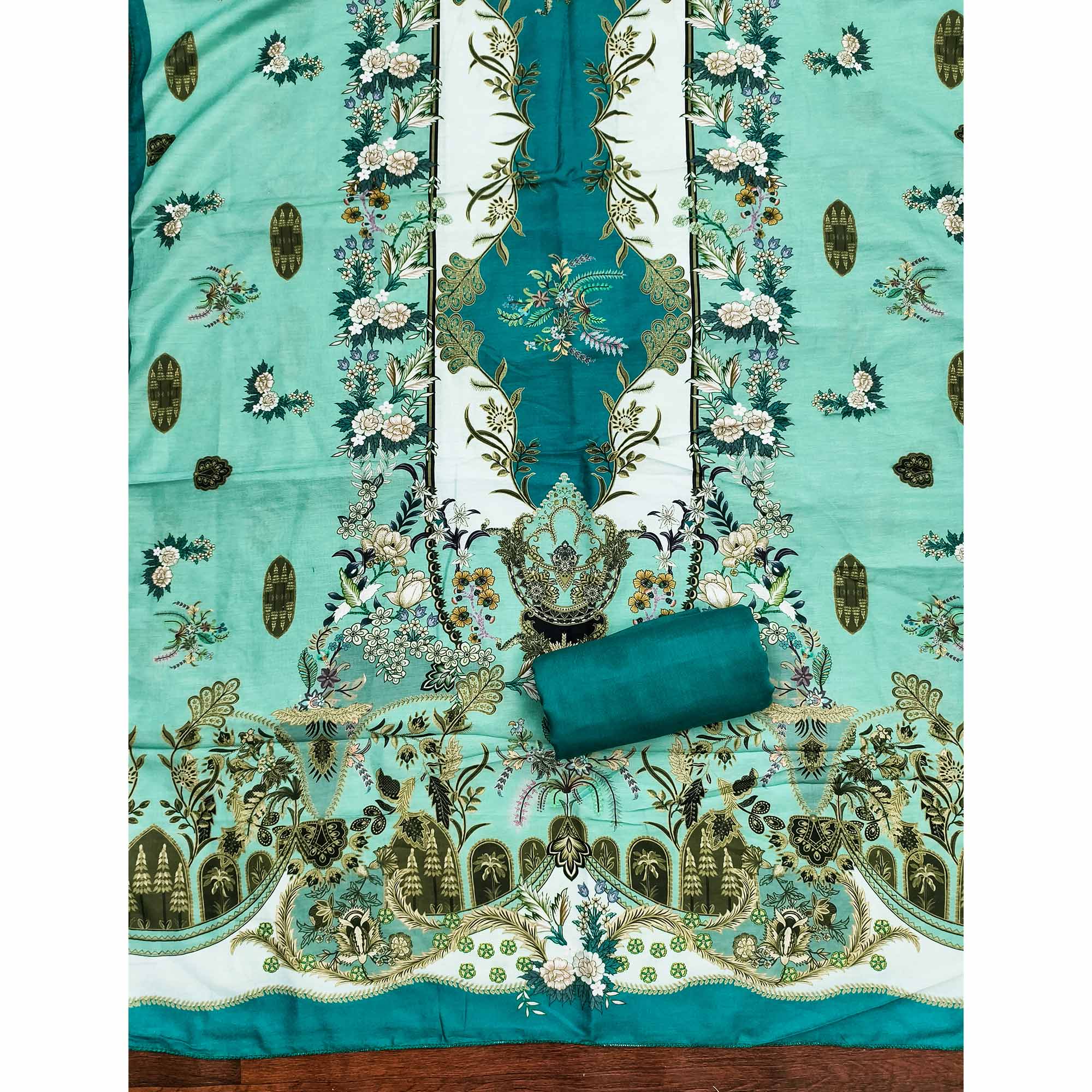 Turquoise Floral Digital Printed Muslin Dress Material Enhanced With Shimmering Swarovski Work