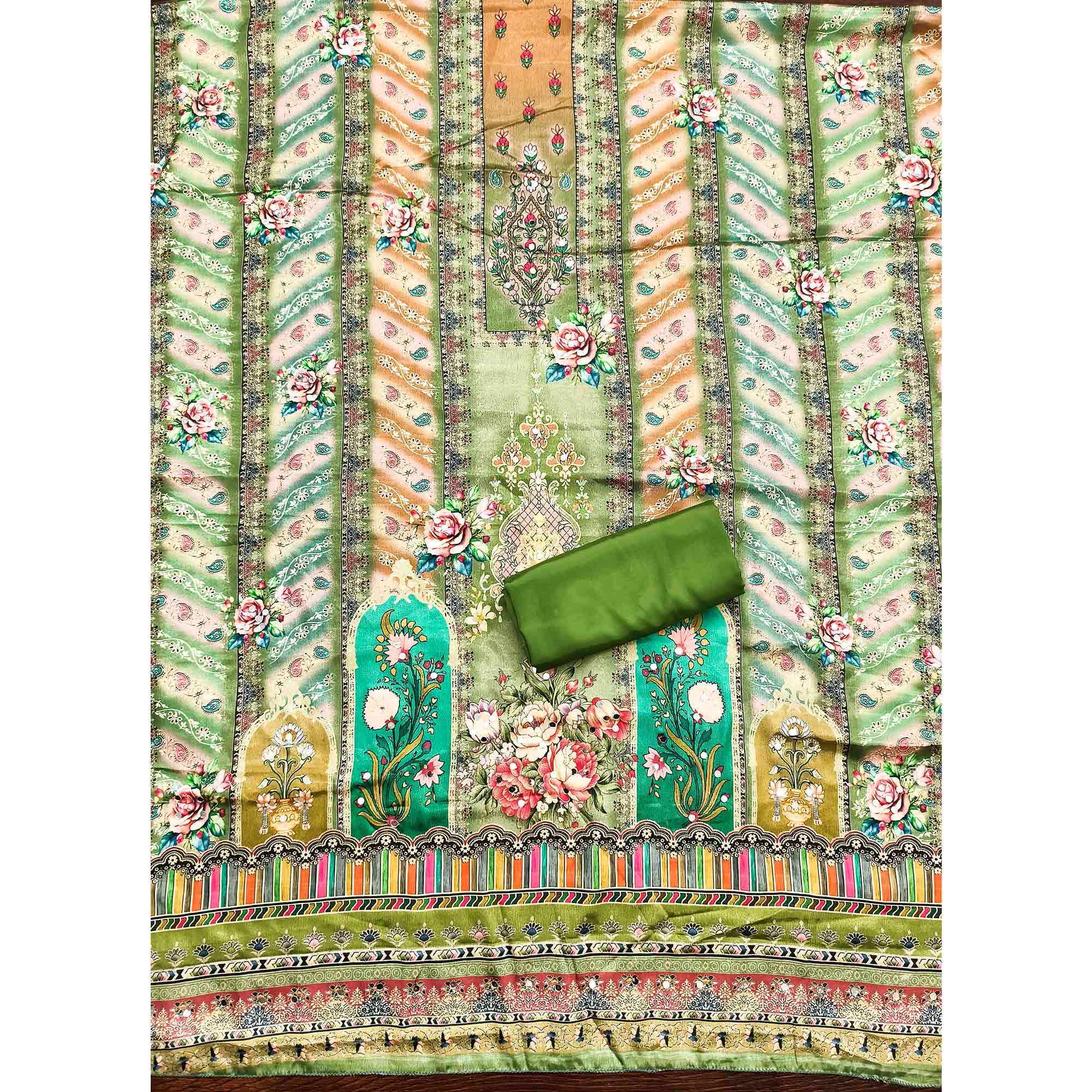 Green Muslin Dress Material Featuring Graceful Floral Digital Print Embellished With Mirror Work