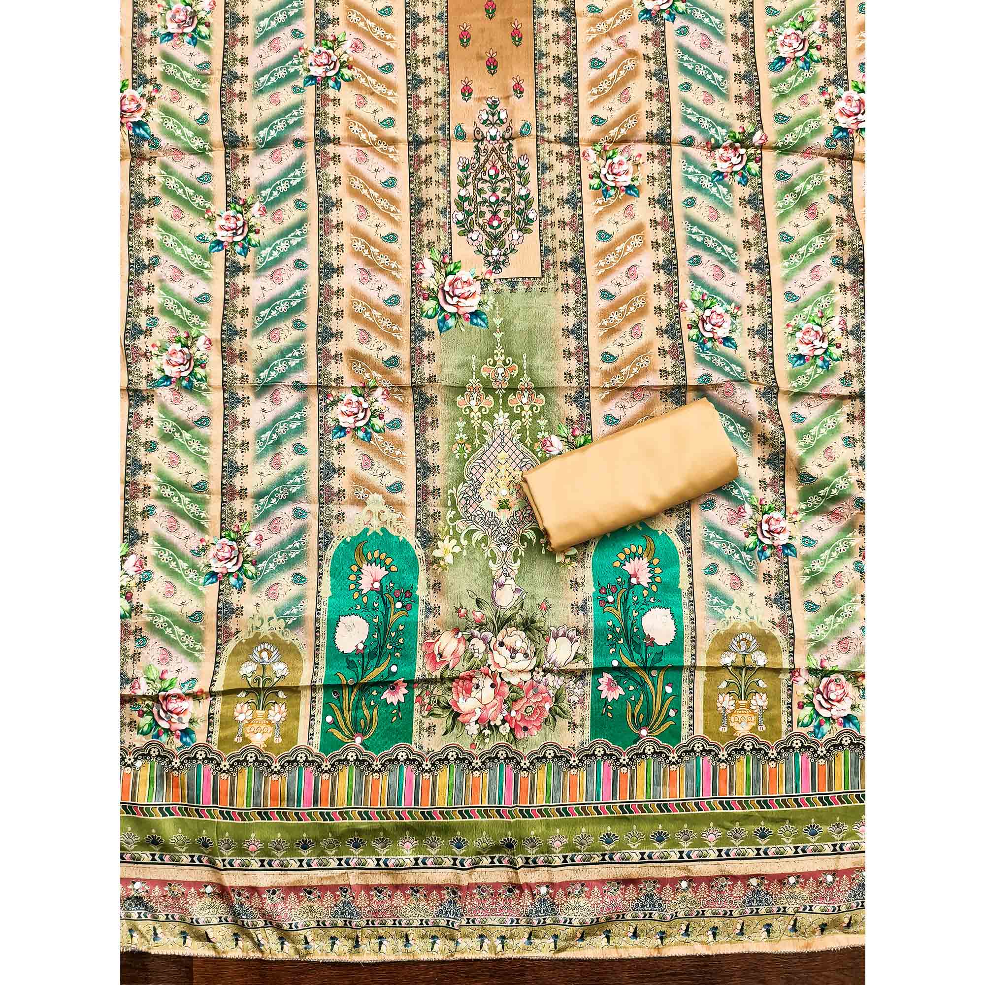 Mustard Muslin Dress Material Featuring Graceful Floral Digital Print Embellished With Mirror Work