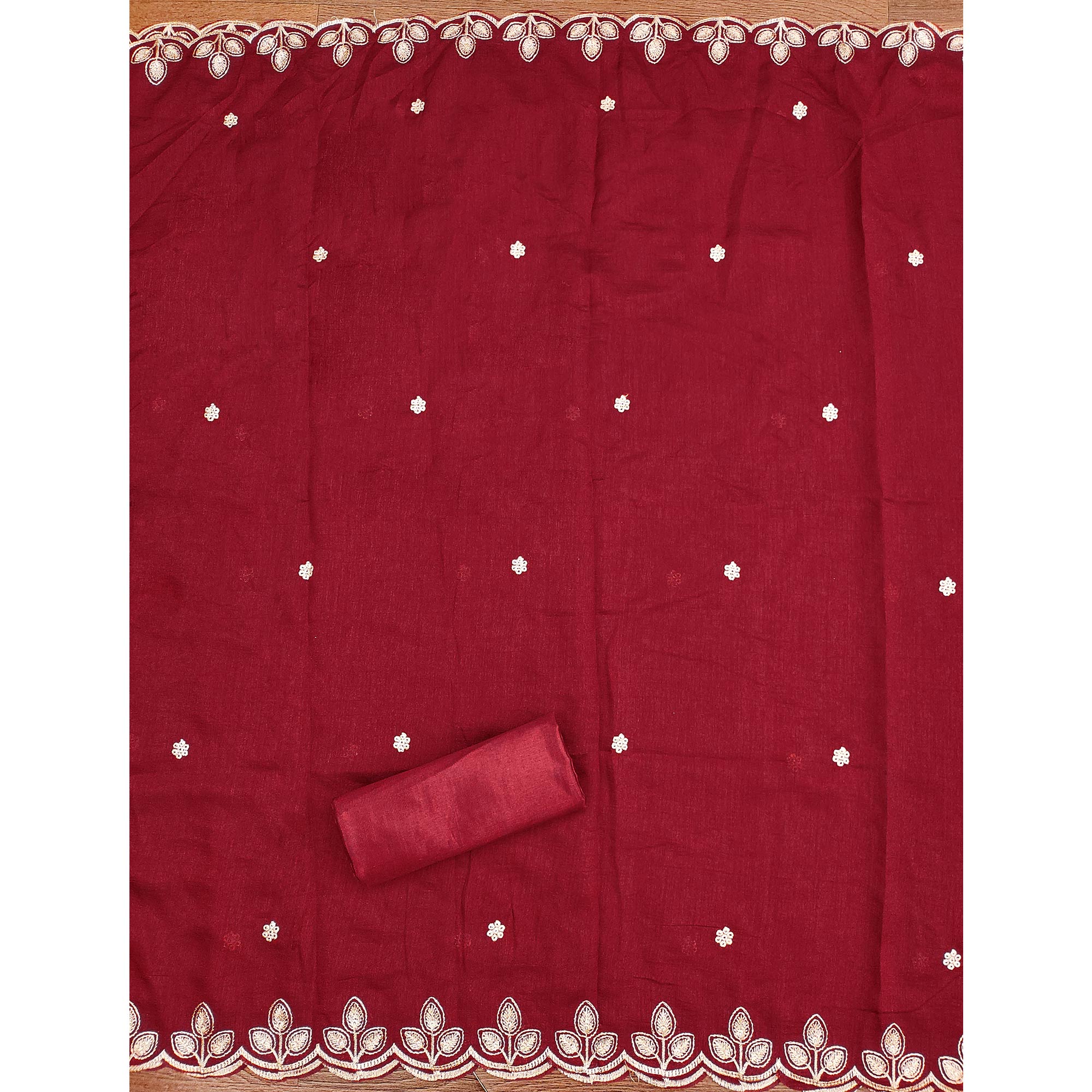 Graceful Maroon Floral Embroidered Vichitra Silk Dress Material Enhanced With Diamond Work