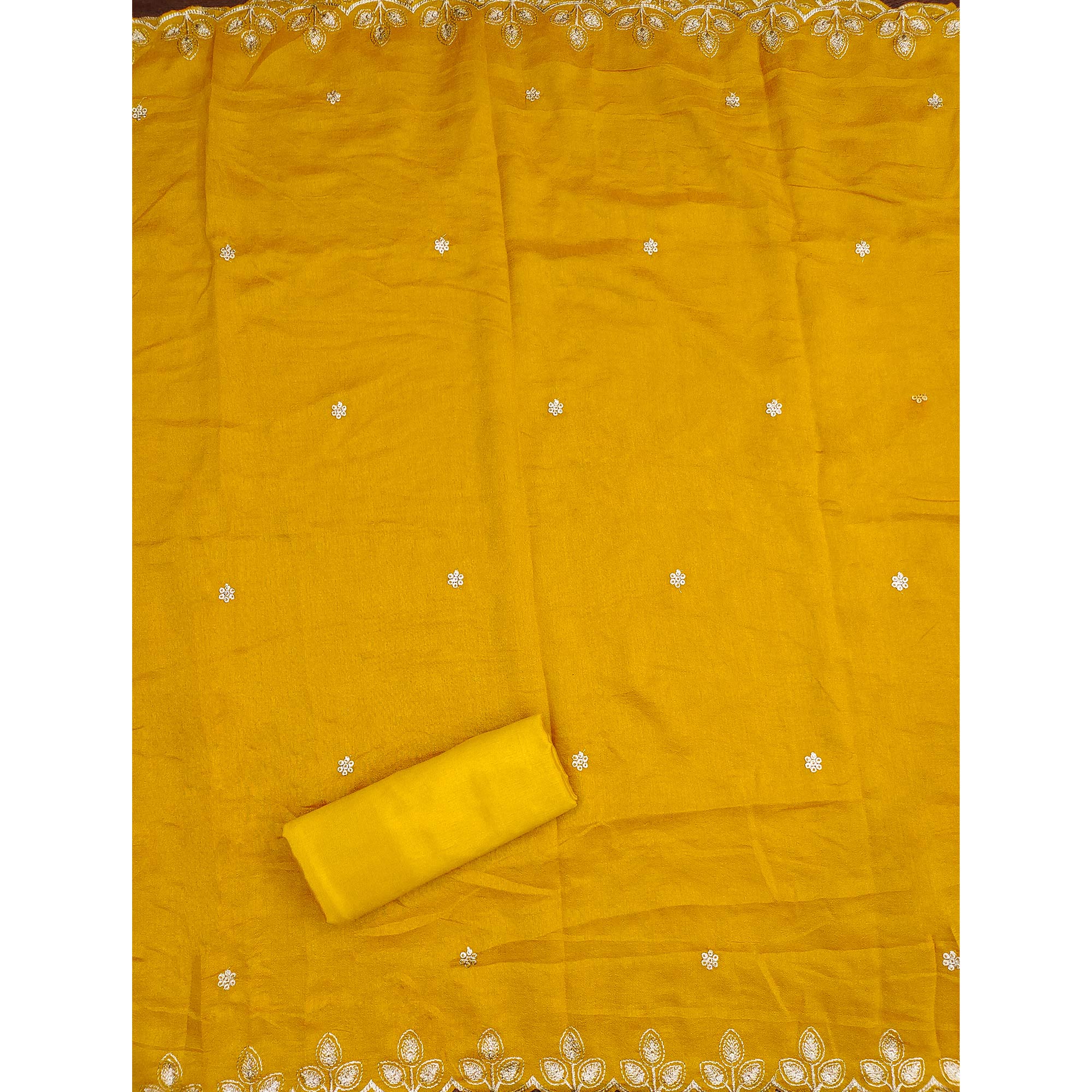 Graceful Mustard Floral Embroidered Vichitra Silk Dress Material Enhanced With Diamond Work