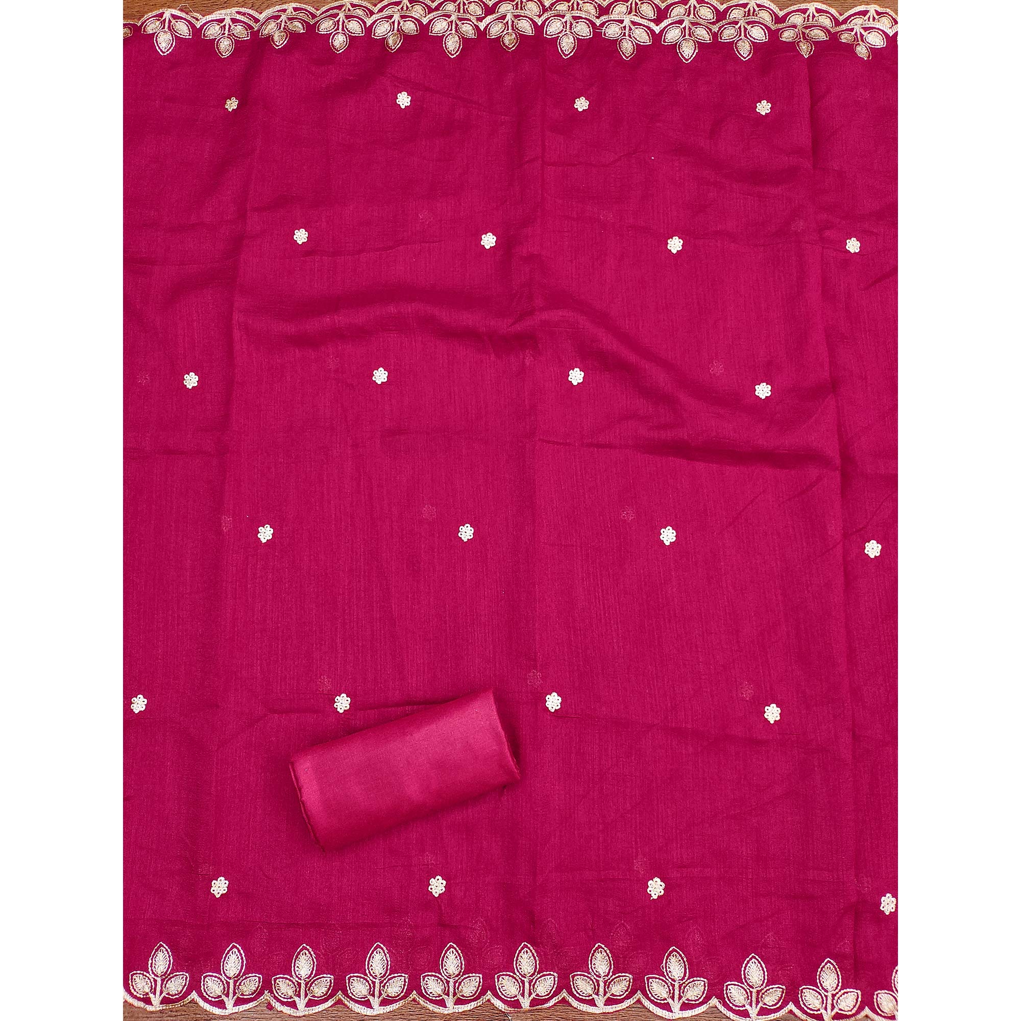 Graceful Pink Floral Embroidered Vichitra Silk Dress Material Enhanced With Diamond Work