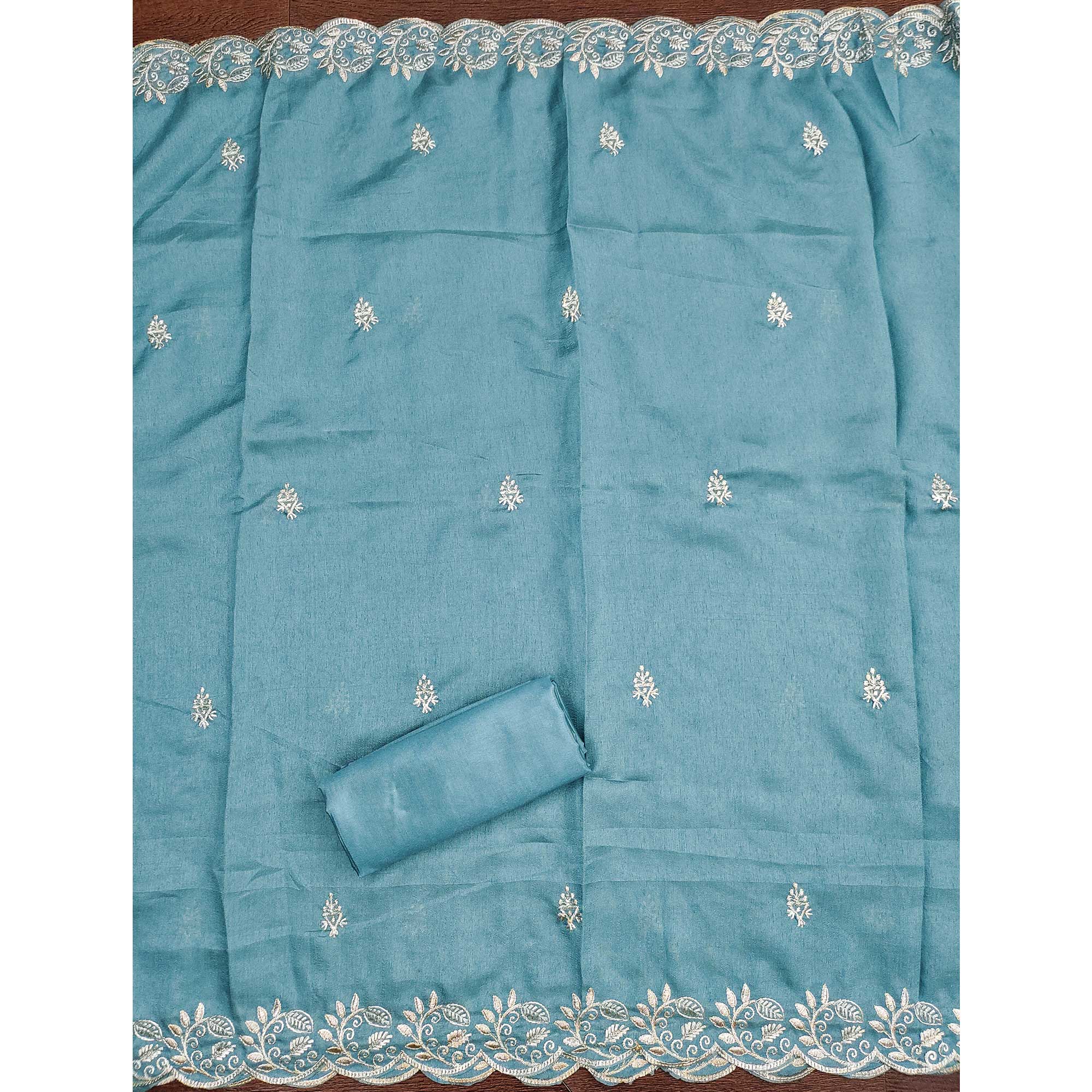 Graceful Blue Floral Embroidered Vichitra Silk Dress Material Enhanced With Diamond Work