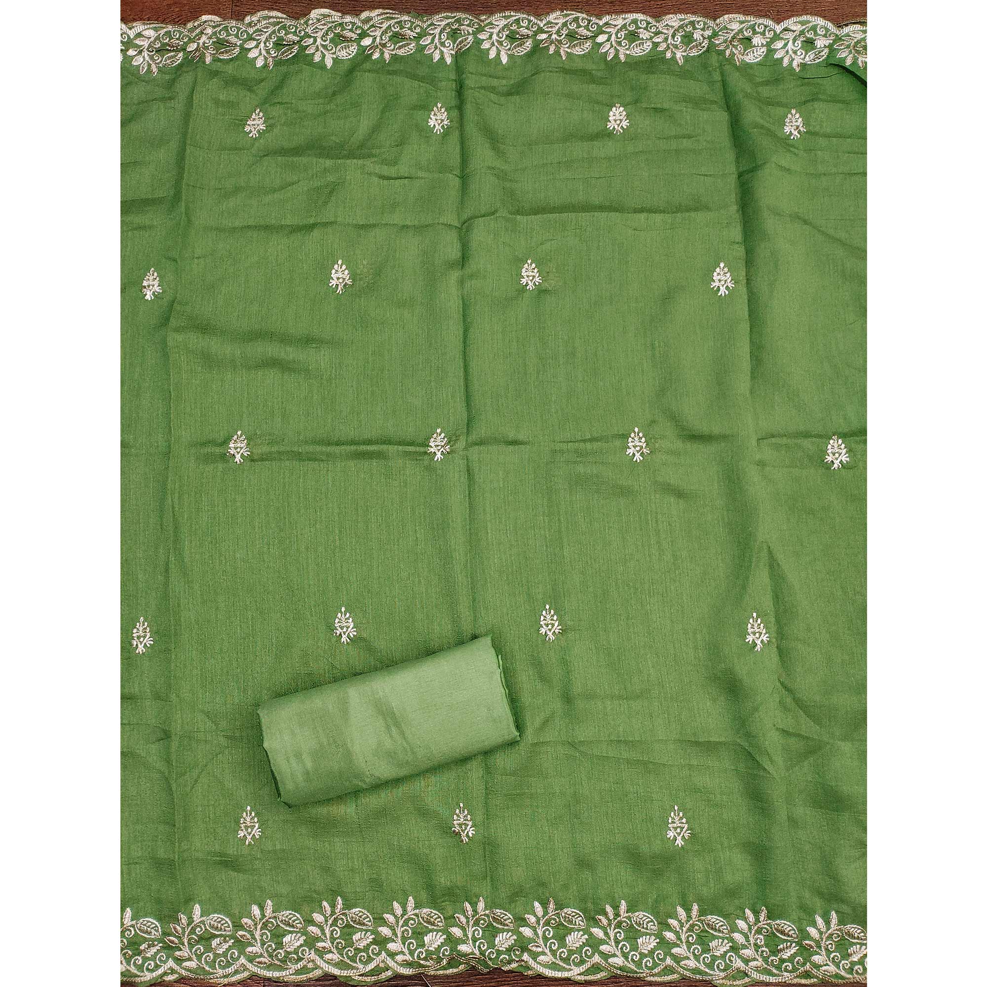 Graceful Green Floral Embroidered Vichitra Silk Dress Material Enhanced With Diamond Work