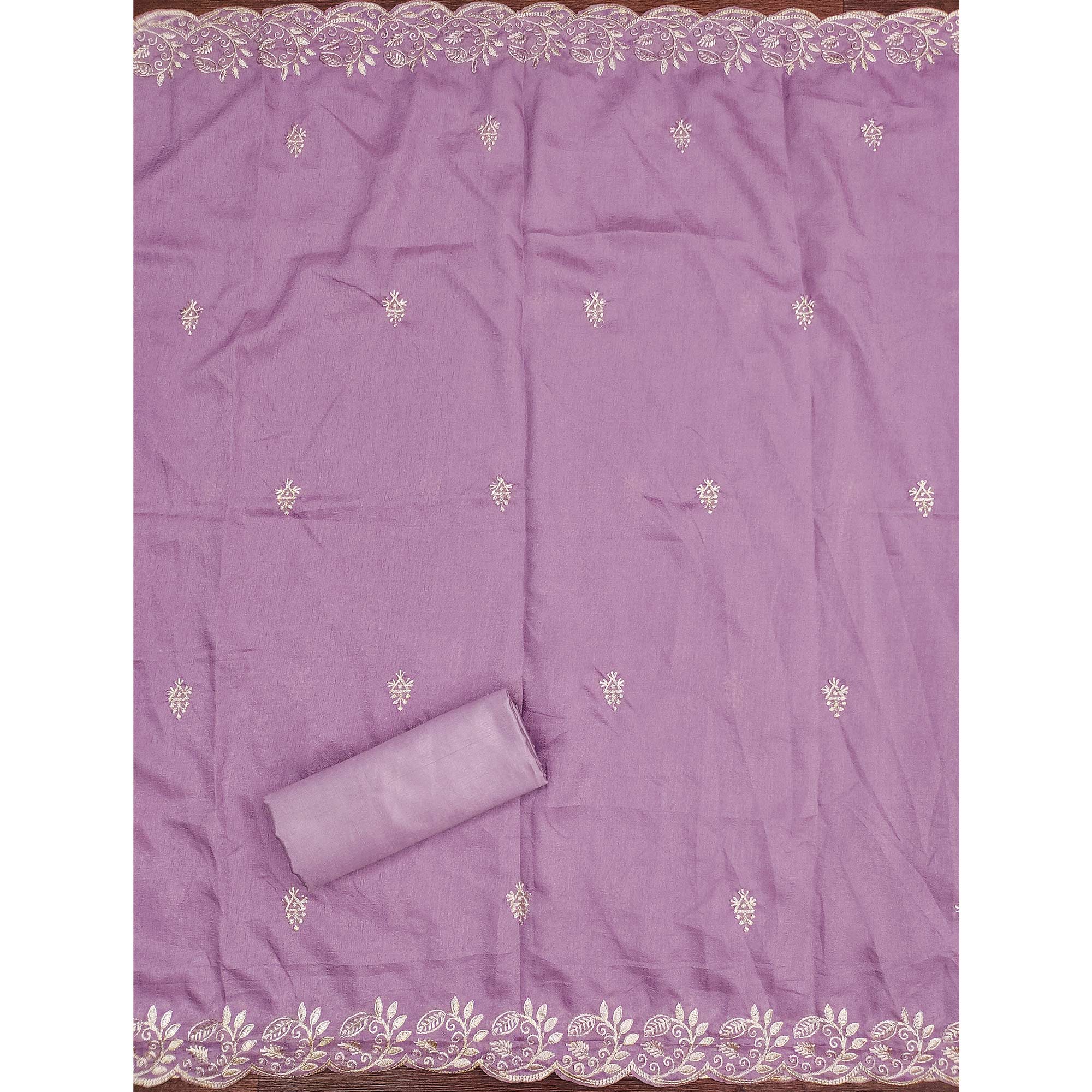 Graceful Lavender Floral Embroidered Vichitra Silk Dress Material Enhanced With Diamond Work