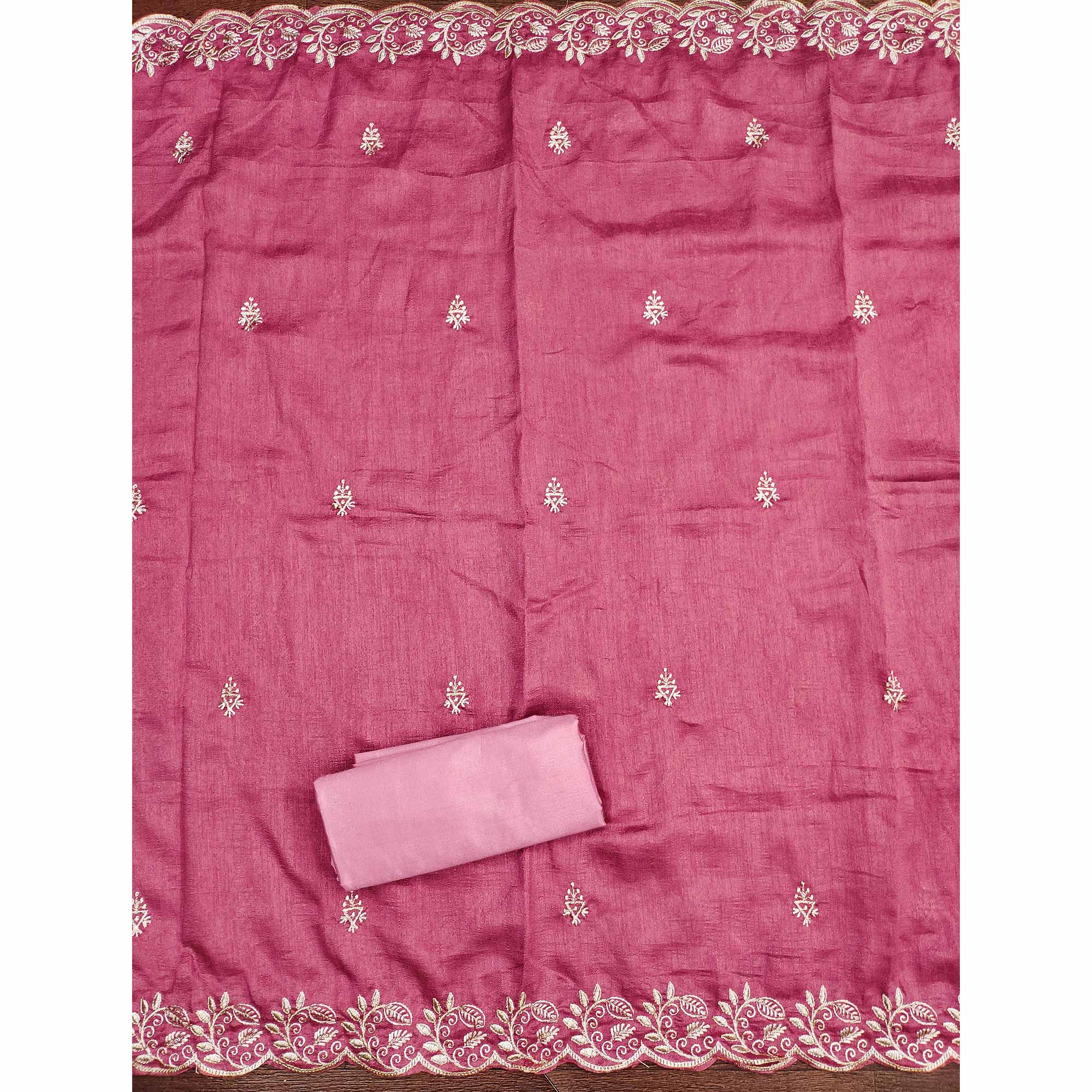 Graceful Pink Floral Embroidered Vichitra Silk Dress Material Enhanced With Diamond Work