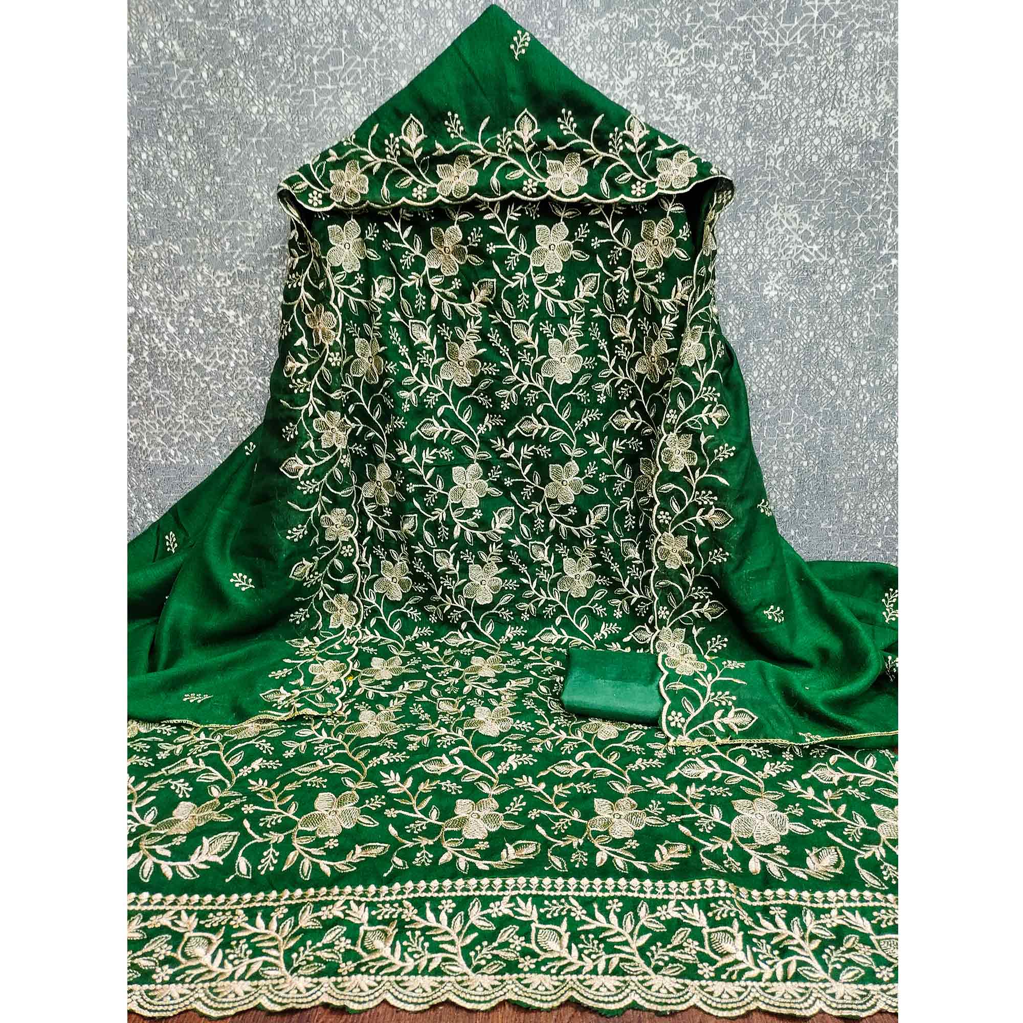 Elegant Green Vichitra Silk Dress Material Adorned With Exquisite Floral Zari Embroidery Work