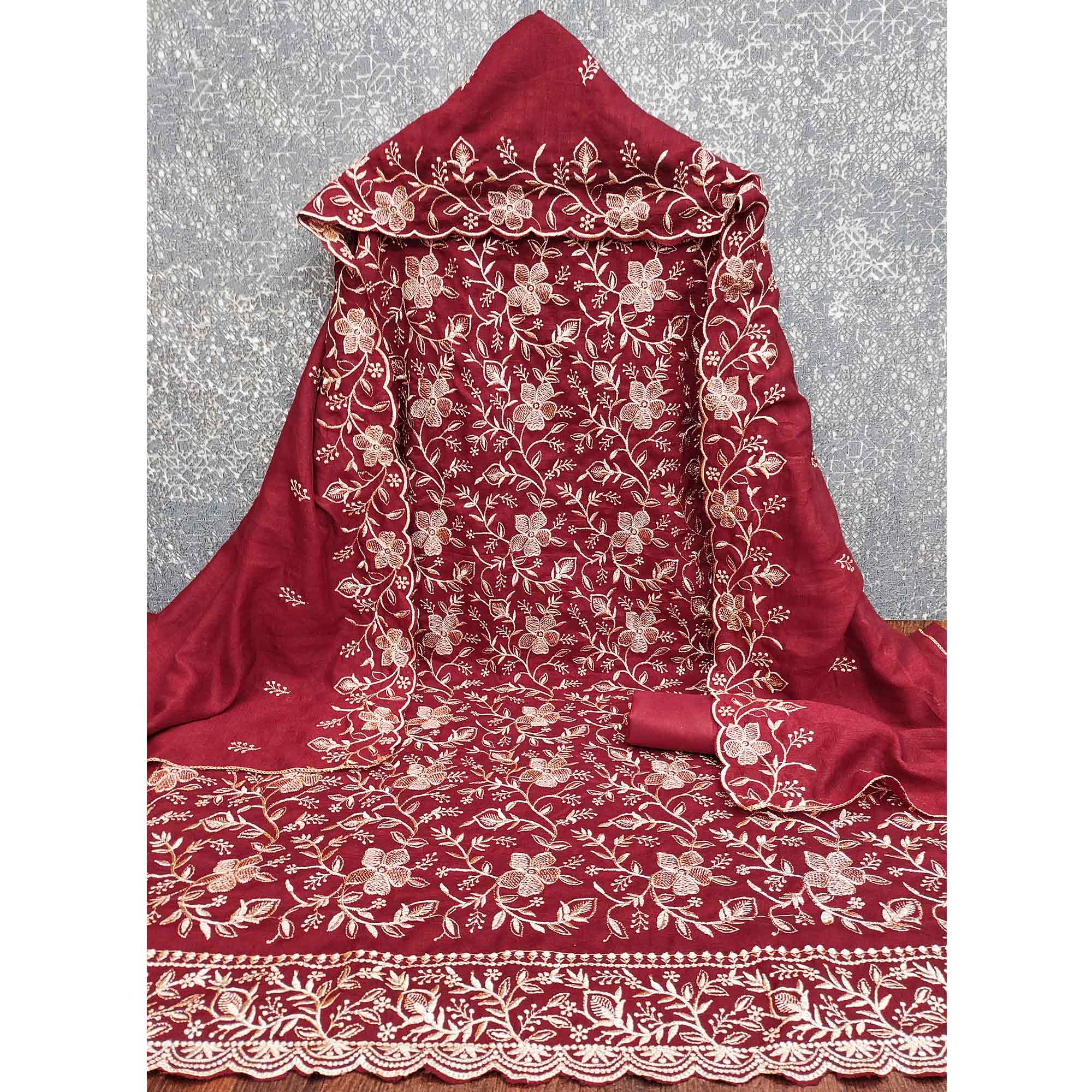 Elegant Maroon Vichitra Silk Dress Material Adorned With Exquisite Floral Zari Embroidery Work