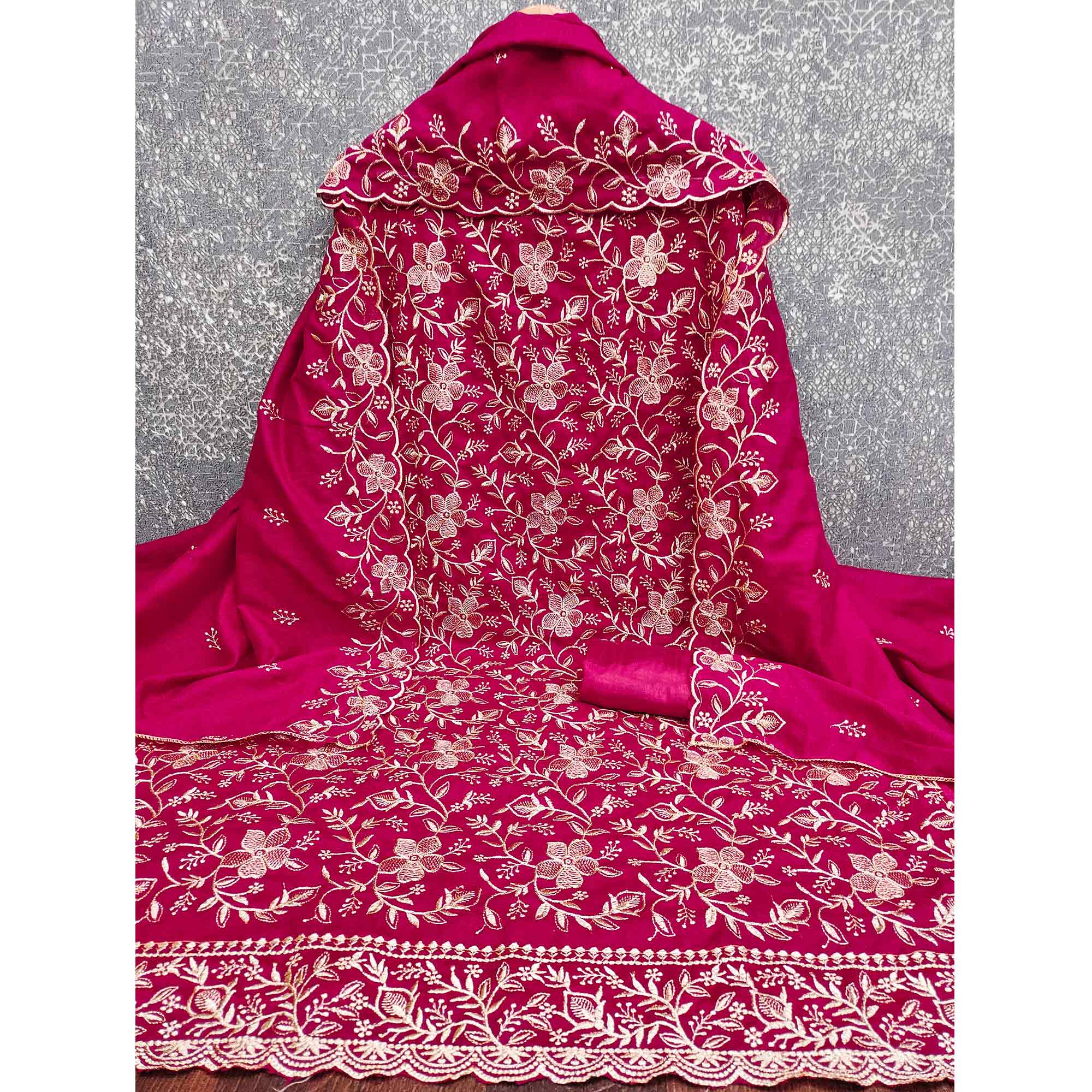 Elegant Pink Vichitra Silk Dress Material Adorned With Exquisite Floral Zari Embroidery Work