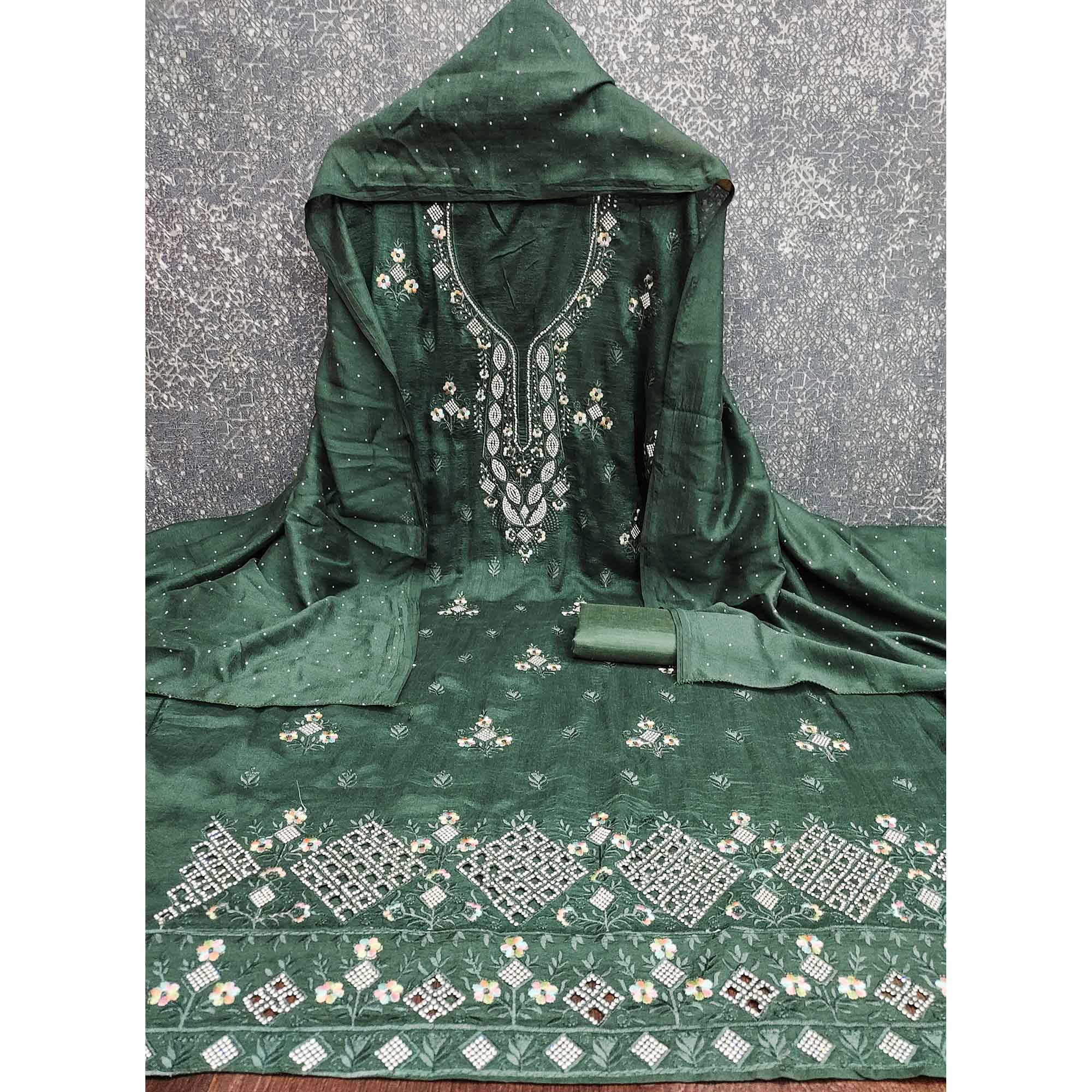 Gorgeous Green Floral Embroidered Vichitra Silk Dress Material Beautified With Swarovski Work