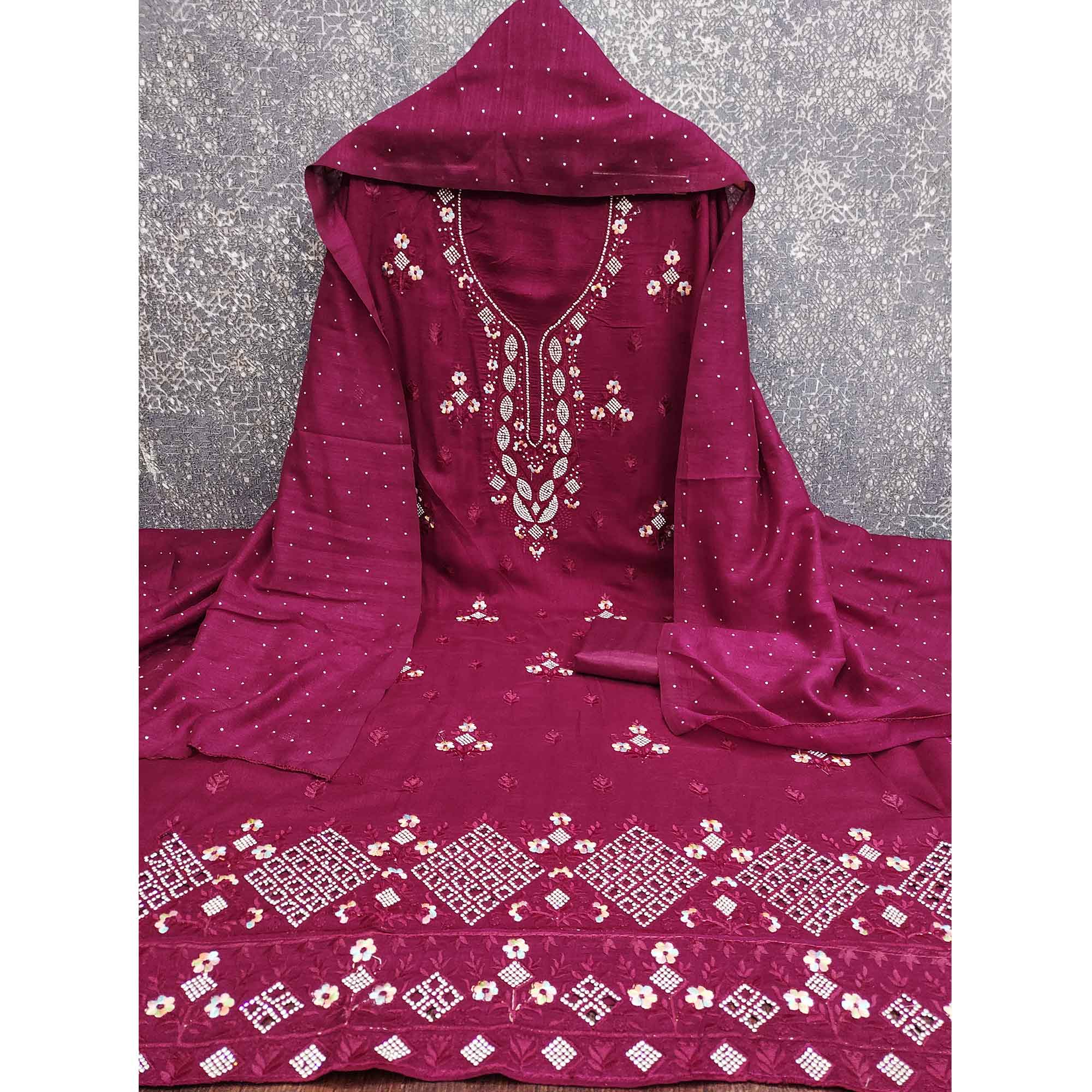 Gorgeous Pink Floral Embroidered Vichitra Silk Dress Material Beautified With Swarovski Work