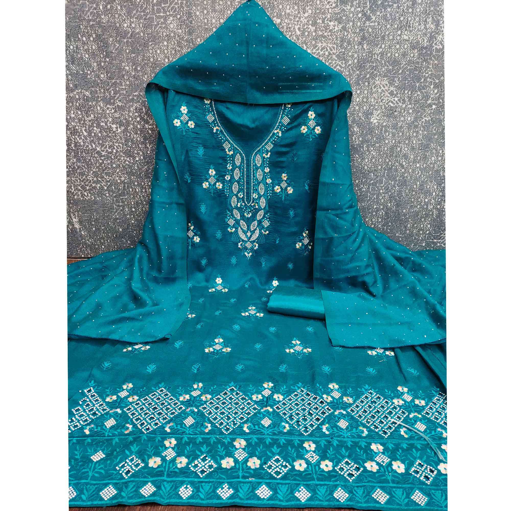 Gorgeous Teal Blue Floral Embroidered Vichitra Silk Dress Material Beautified With Swarovski Work